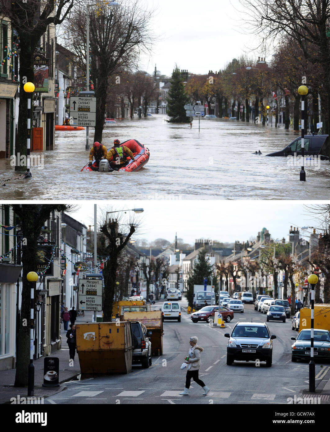 A composite of photos of (top) Cockermouth High Street in Cumbria, after torrential rain caused rivers to burst their banks; and (bottom) the same view of one year on. Stock Photo