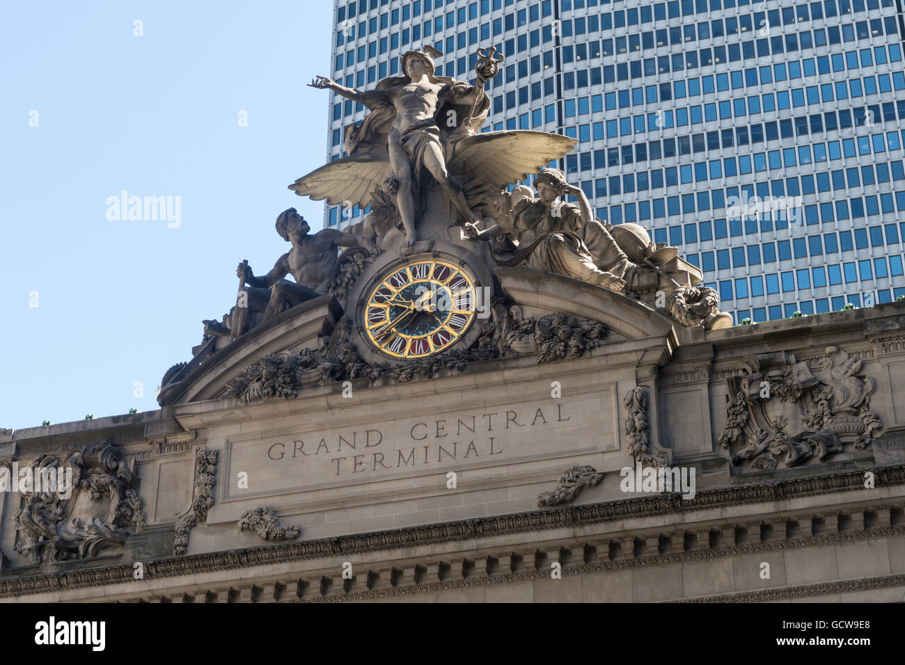 The facade of Grand Central Terminal features a transportation sculpture and a Tiffany glass clock, New York City, USA Stock Photo