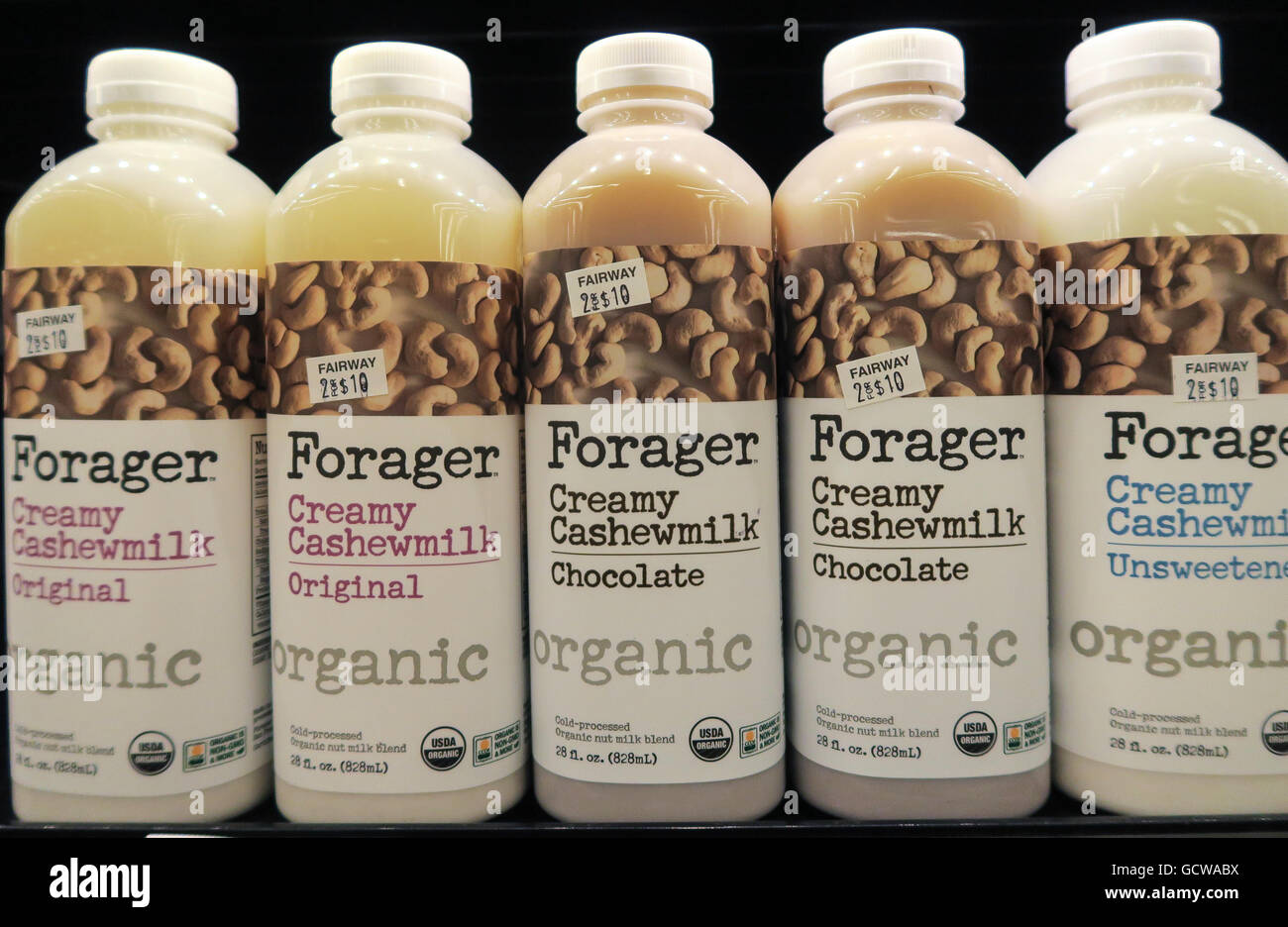 Forager Brand Organic Cashew Milk in the Dairy Section, Fairway Super Market, New York City, USA Stock Photo
