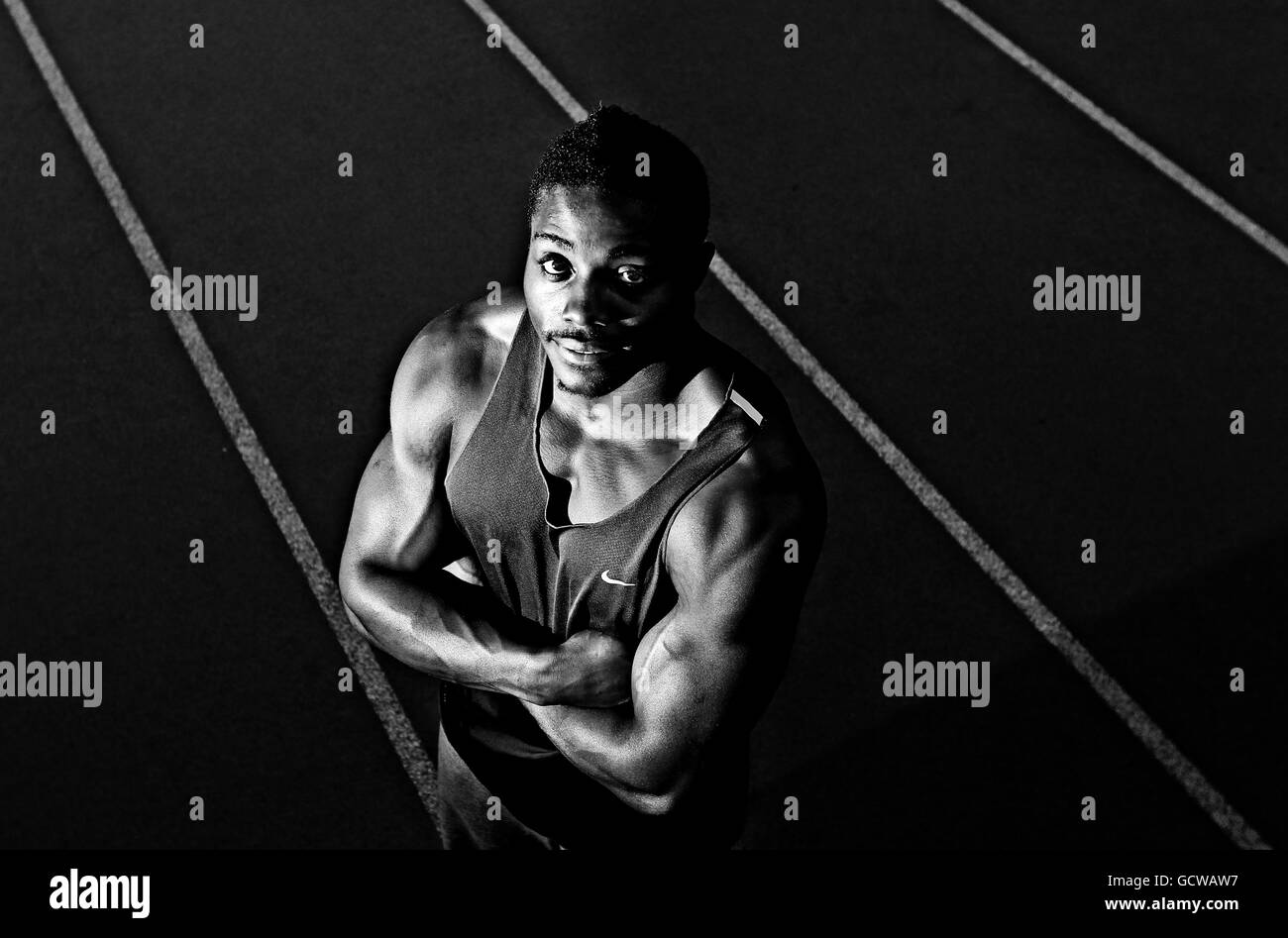 *EDITORS NOTE IMAGE CONVERTED TO BLACK & WHITE* Harry Aikines Aryeetey poses for a picture during the training session at UK Athletics Head Quarters, Loughborough. Stock Photo