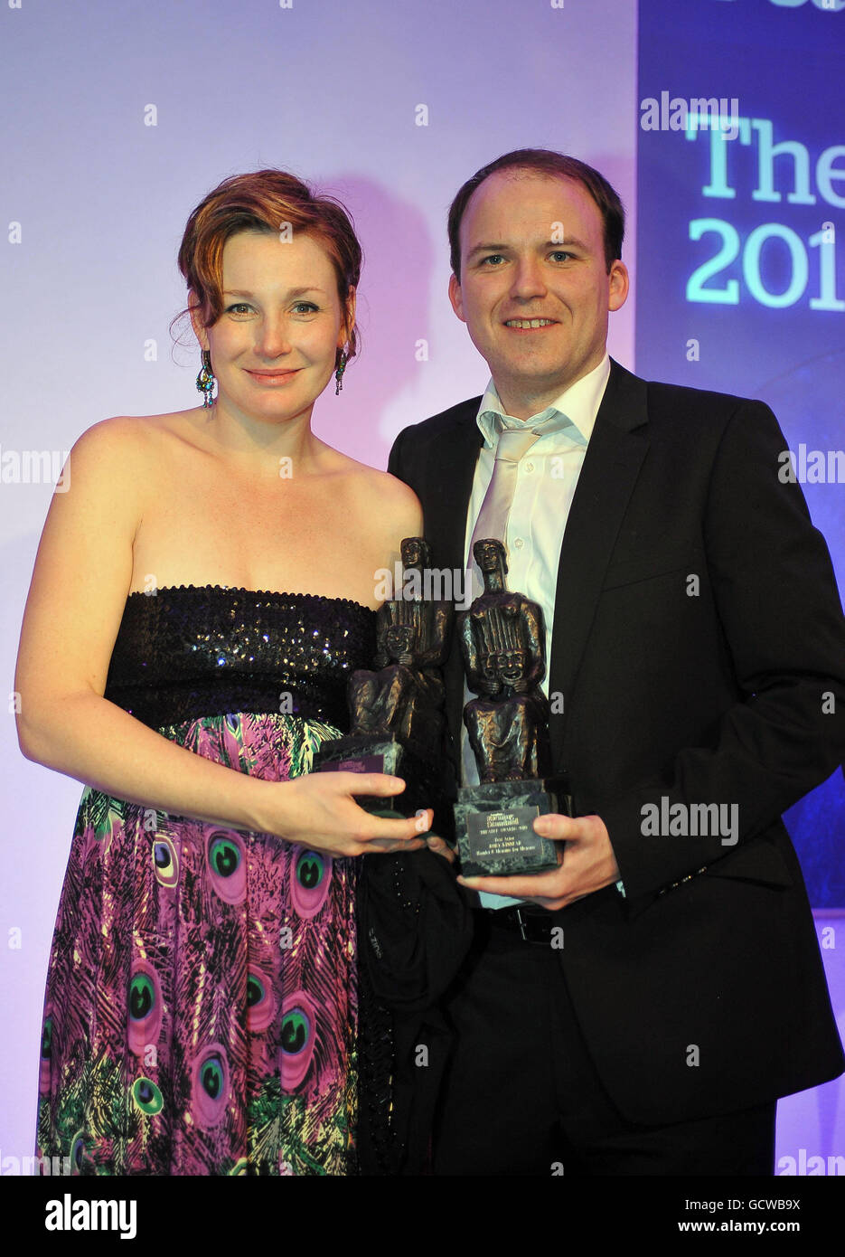 Best Actor Award winner Rory Kinnear and Nancy Carroll, winner of the Natasha Richardson Award for Best Actress, hold their awards at the London Evening Standard Theatre Awards, at the Savoy Hotel. Stock Photo