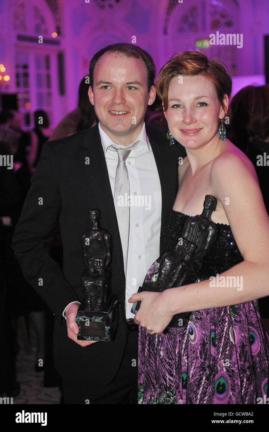 Best Actor Award winner Rory Kinnear and Nancy Carroll, winner of the Natasha Richardson Award for Best Actress, hold their awards at the London Evening Standard Theatre Awards, at the Savoy Hotel. Stock Photo