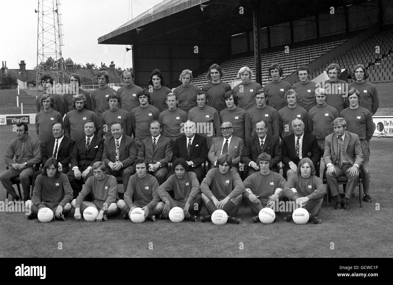 Leyton Orient FC, back row, left to right; Micky Bullock, Bobby Moss, John South, Terry Mancini, Mike O'Shaughnessy, Ray Goddard, Steve Bowtell, Paul Harris, Gordon Riddick, Bobby Arber, Ian Bowyer, and Malcolm Filby. Second row, left to right; Peter Allen, Barry Fairbrother, Barry Dyson, Martin Binks, John Sewell, Mark Lazarus, Len Tomkins, Micky Jones, Dennis Rofe, Terry Parmenter and Terry Brisley. Third row, left tor right; Peter Angell (trainer-coach), Len Cheesewright (youth manager), Reg Briggs (director), Frank Harris (director), George Petchey (manager), Arthur Page (chairman), Harry Stock Photo