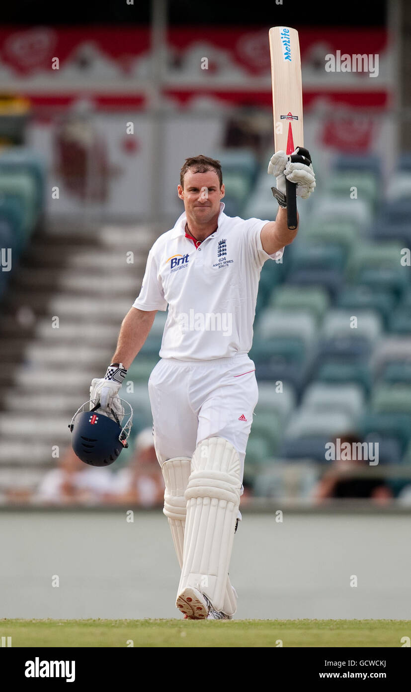 England captain Andrew Strauss celebrates reaching his century during ...