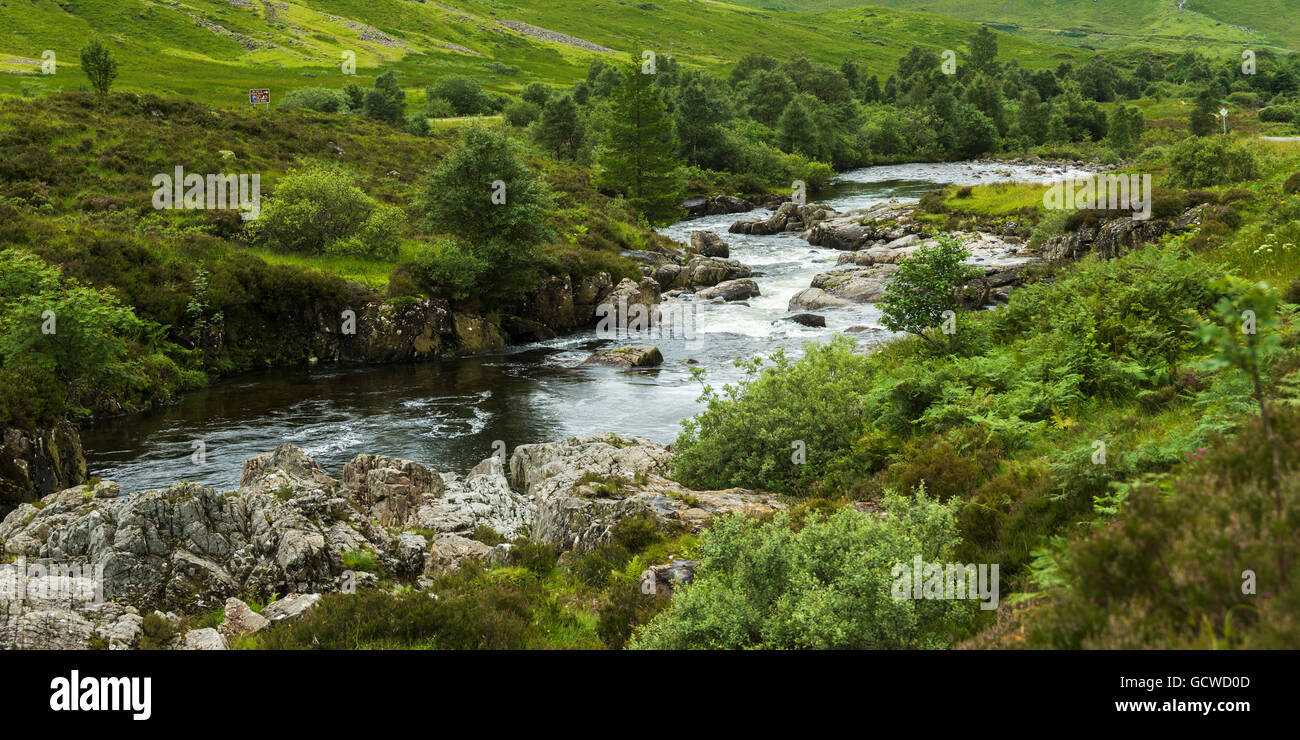 A river flows through a lush, green landscape of trees and grass; Scotland Stock Photo