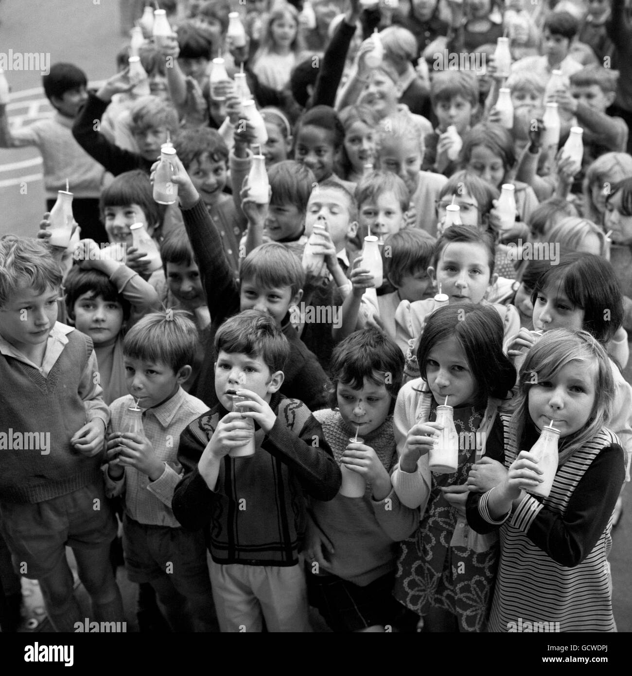 Boys and girls aged over seven drinking their free milk through straws at Woodhill Junior Mixed School, Woolwich. It was the first distribution to be made at the expense of the Greater London Borough of Greenwich at the council's expense. Distribution was to be handled by the Inner London Education Authority. Stock Photo