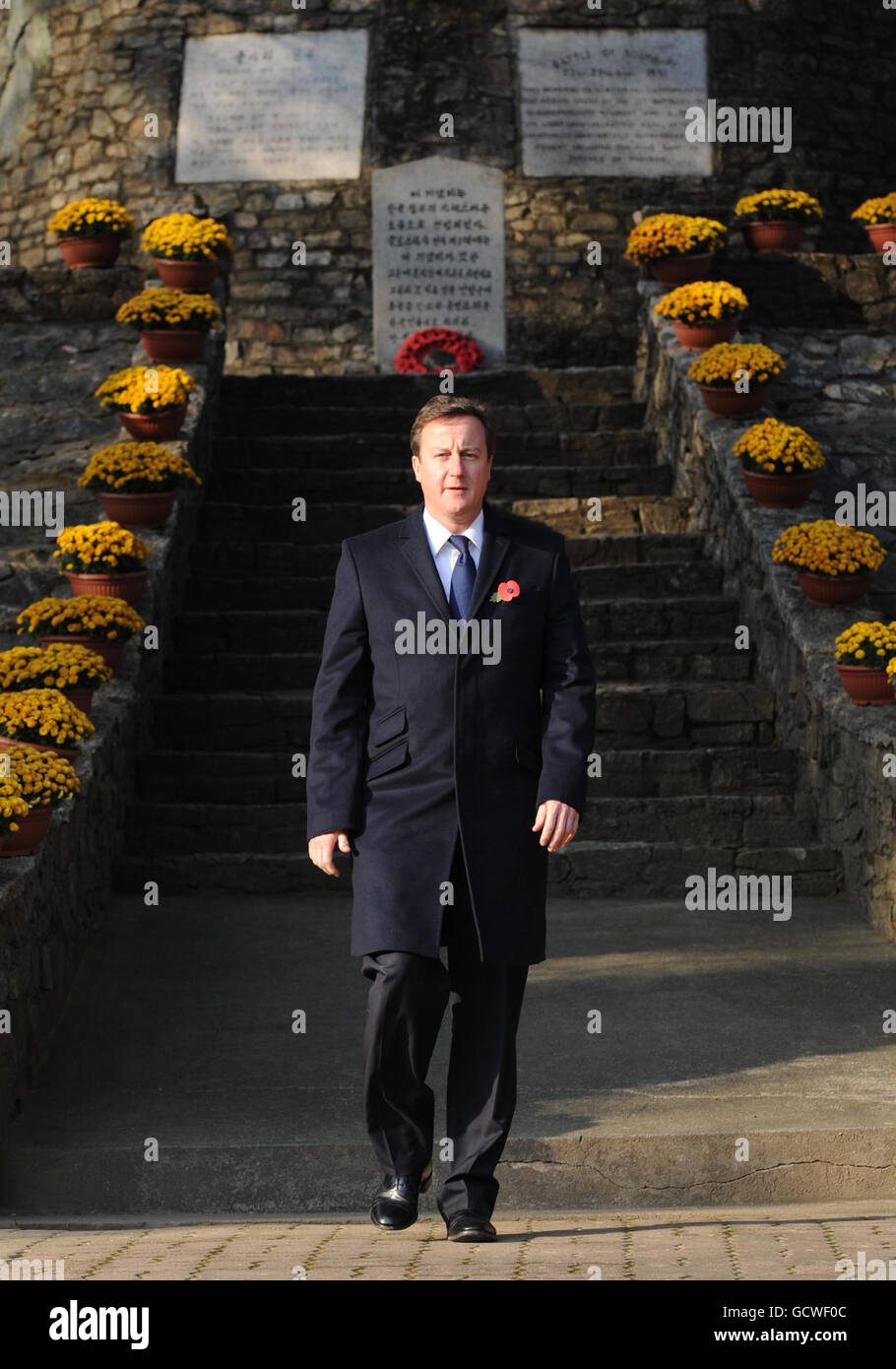 Prime Minister David Cameron marks Remembrance Day at Gloster Valley, South Korea where he laid a wreath. Stock Photo