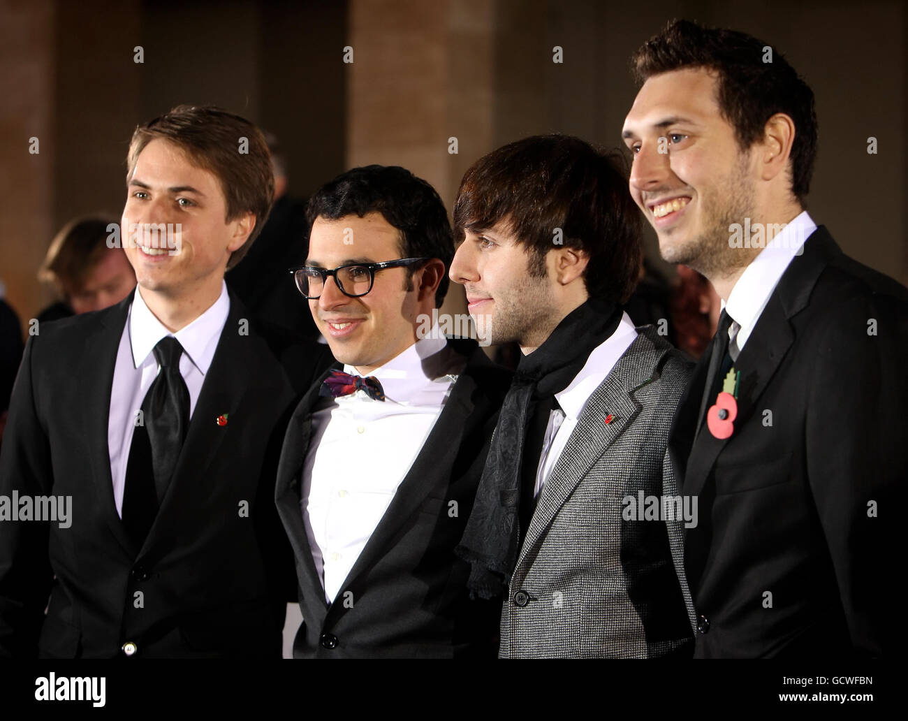 Stars of The Inbetweeners (left to right) Joe Thomas, Simon Bird, James Buckley and Blake Harrison arrive at the Variety Club Showbiz Awards 2010, at the Grosvenor Hotel, in Mayfair, central London. Stock Photo