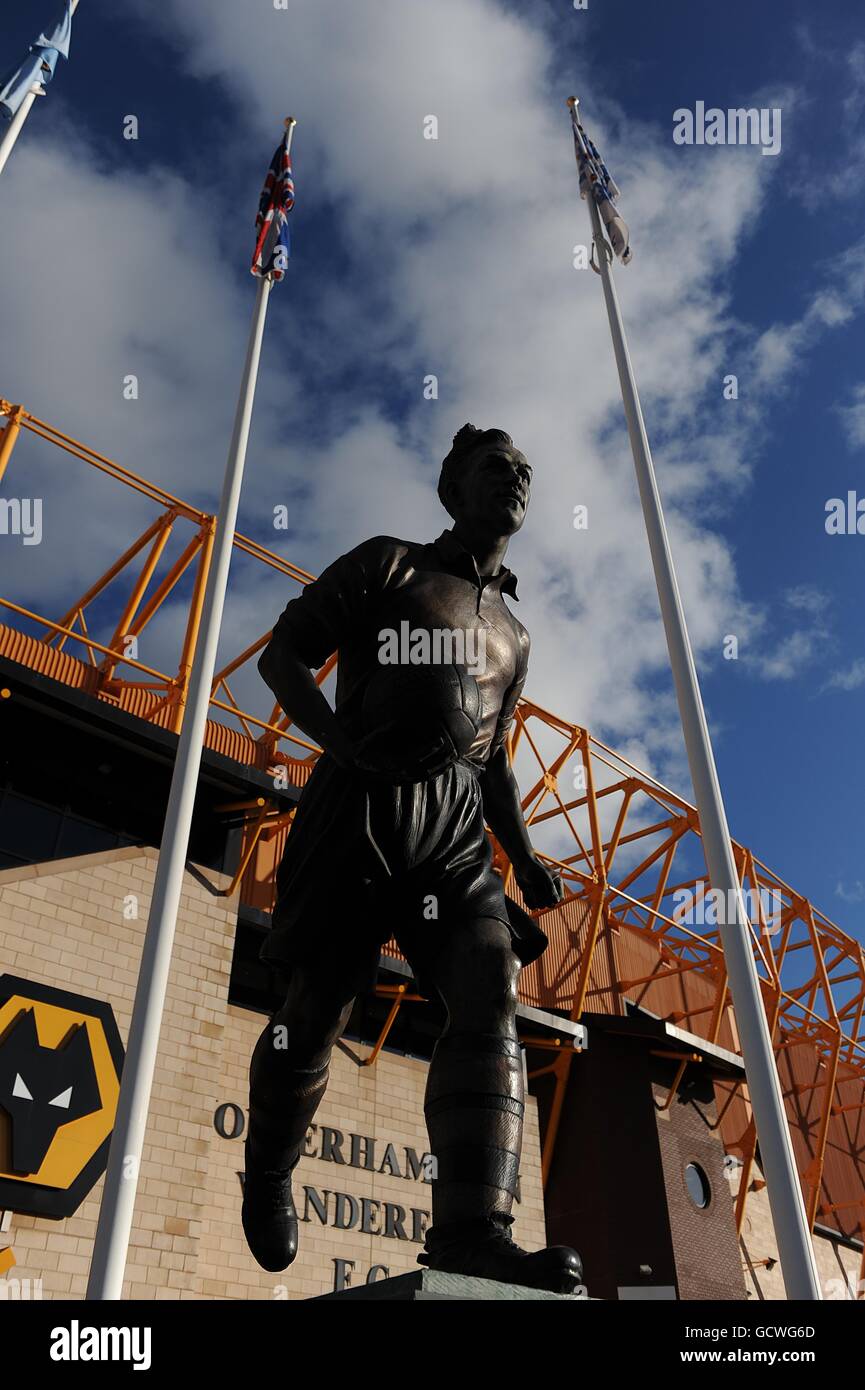 A statue of wolves legend billy wright stands outside molineux hires