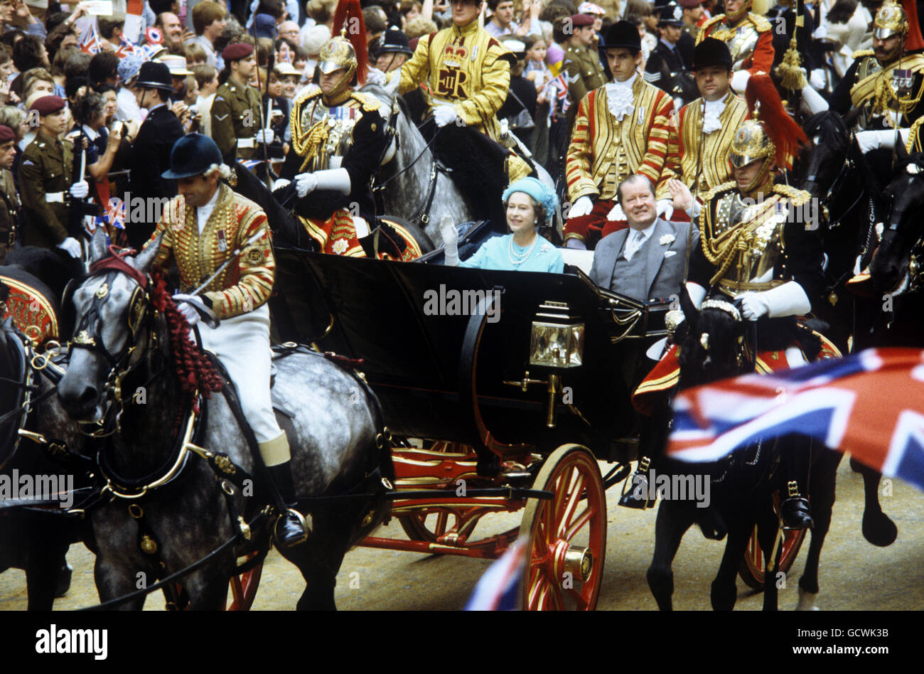Queen Elizabeth II and Earl Spencer return to Buckingham Palace after the wedding of the Prince of Wales and Lady Diana Spencer Stock Photo