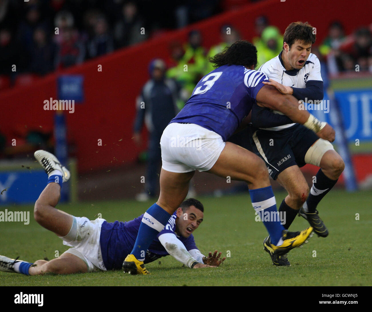 Scotland's Hugo Southall (right) and Samoa's Kane Thompson and Census ...
