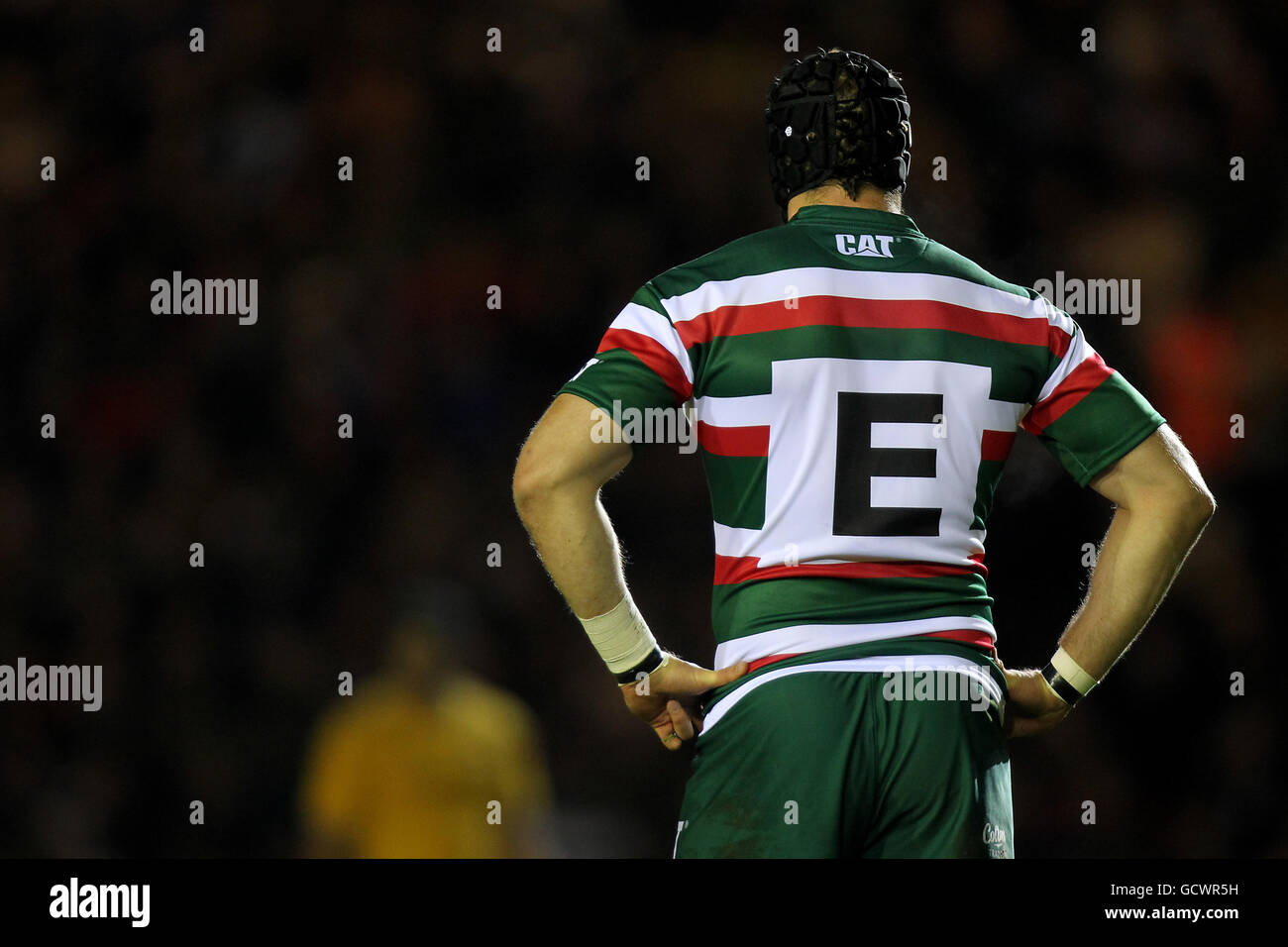 Rugby Union - Tour Match - Leicester Tigers v Australia - Welford Road. Leicester Tiger's George Skivington wears the letter E on the back of his shirt Stock Photo