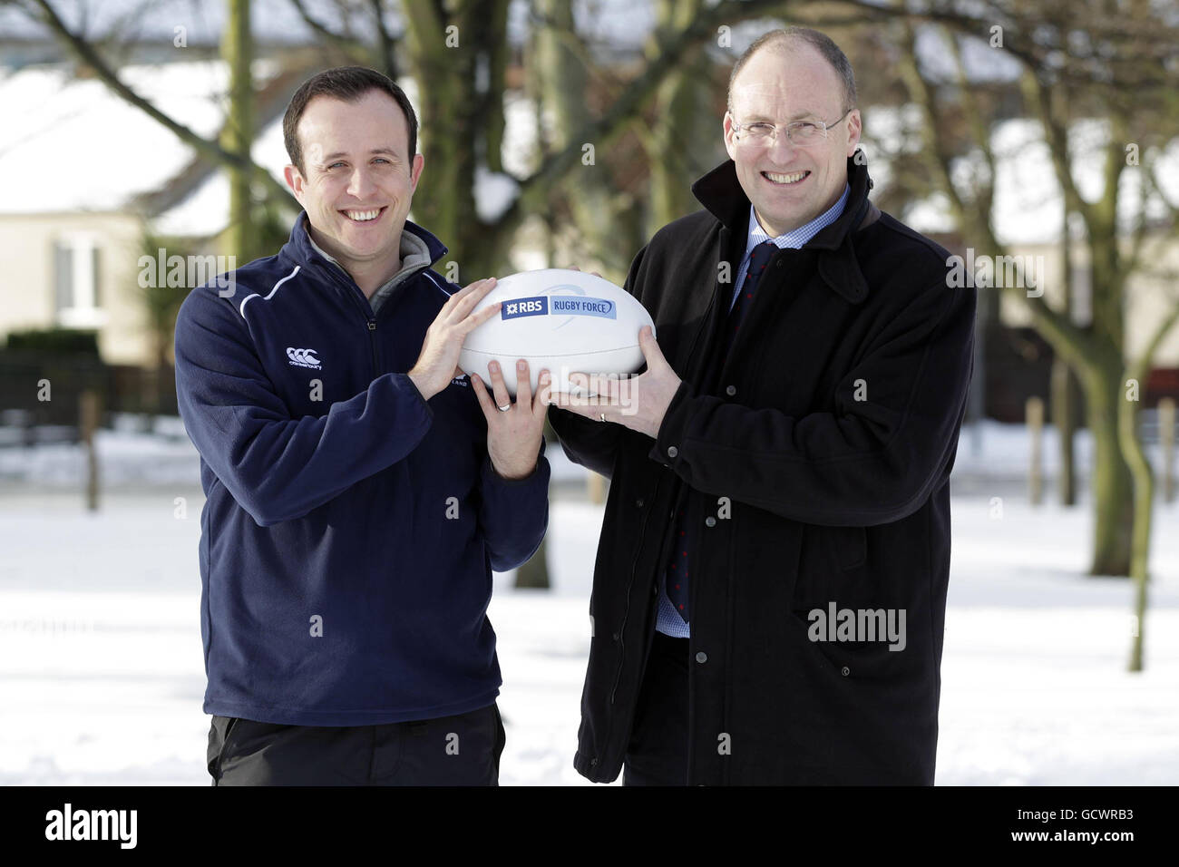 Brand and Partnership Director of RBS Charlie Smith (left) and SRU Chief Executive Gordon McKie after Scottish Rugby and RBS announced a three and a half year partnership between the two organisations at North Berwick Rugby Club, North Berwick. Stock Photo