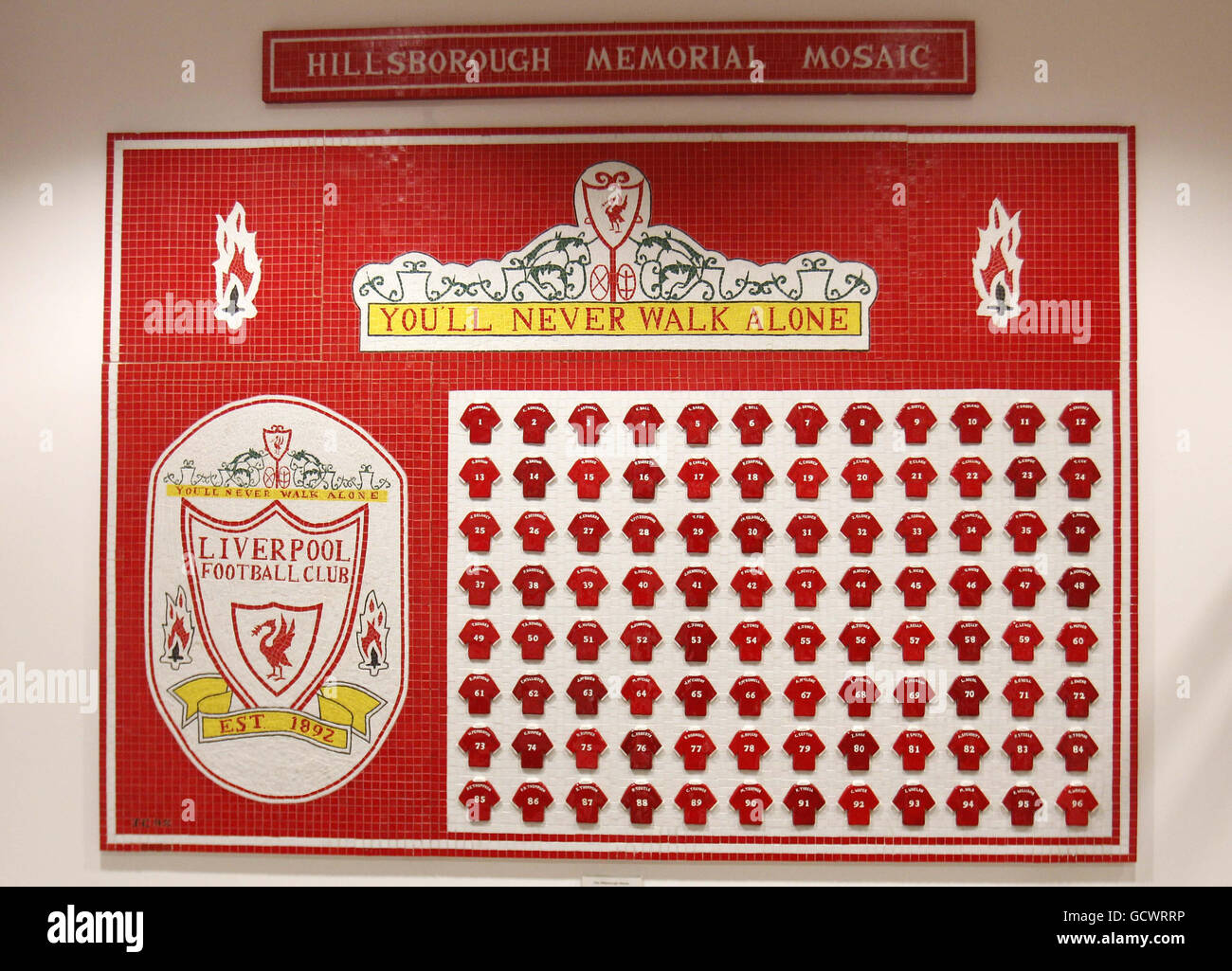 Soccer - Liverpool FC General Views - Anfield. A mosaic in memory of the 96 fans that died at Hillsborugh, at the Anfield Bootroom Cafe, Liverpool. Stock Photo