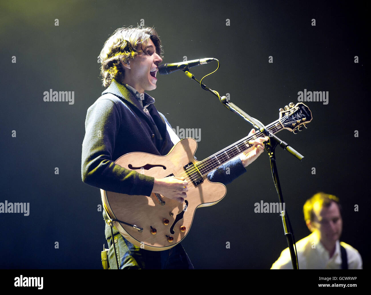 Ezra Koenig of Vampire Weekend performing at Alexandra Palace in north London. Stock Photo