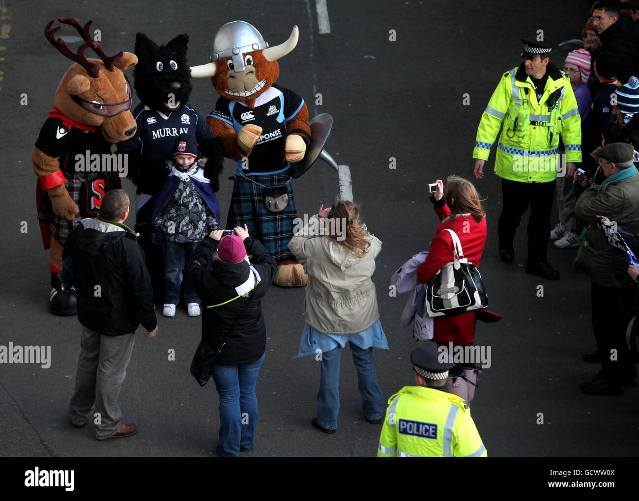Edinburgh Rugby mascot Flinty McStag (left), Scotland mascot Scottie