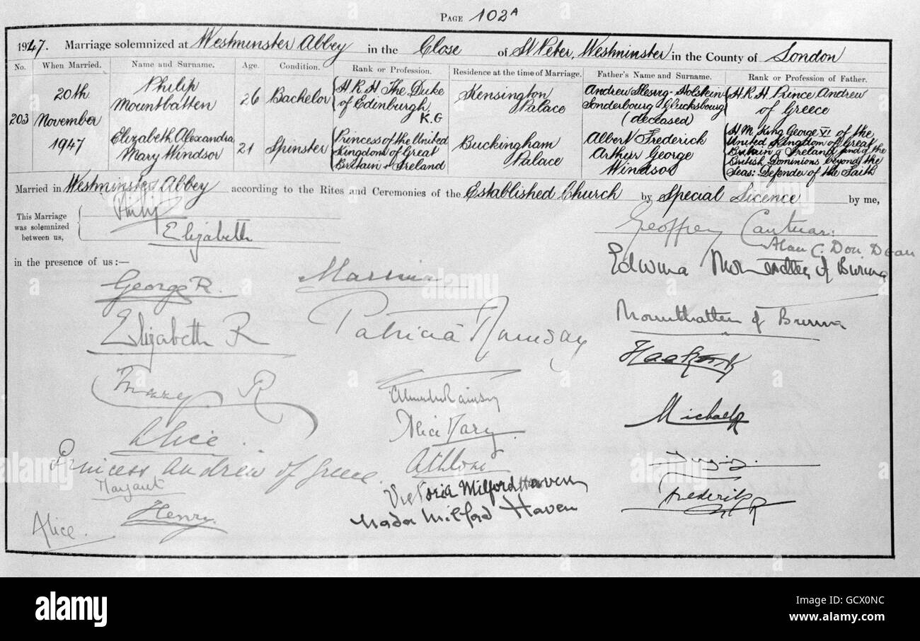 The marriage register showing the signatures of Princess Elizabeth and