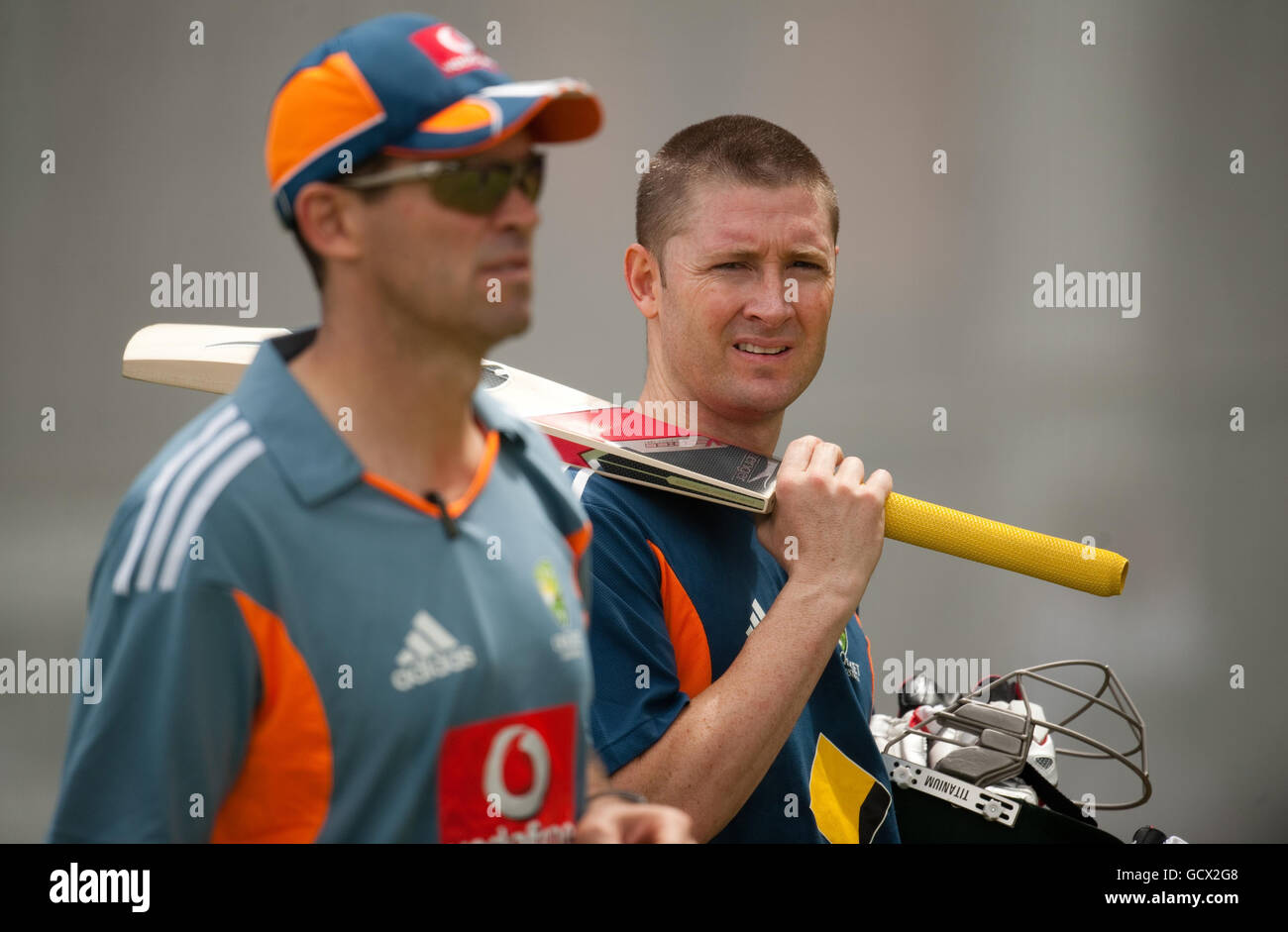 Australia's Michael Clarke and coach Dene Hills during a nets session at Adelaide Oval, Adelaide, Australia. Stock Photo