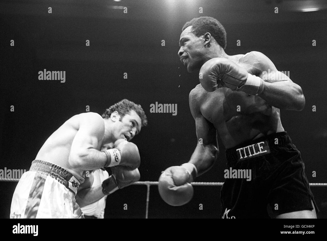 Boxing - WBC Light Middleweight Title - Maurice Hope v Rocky Mattioli - Conference Centre, Wembley. Britain's Maurice Hope, right, in action against Rocky Mattioli of Australia. Stock Photo
