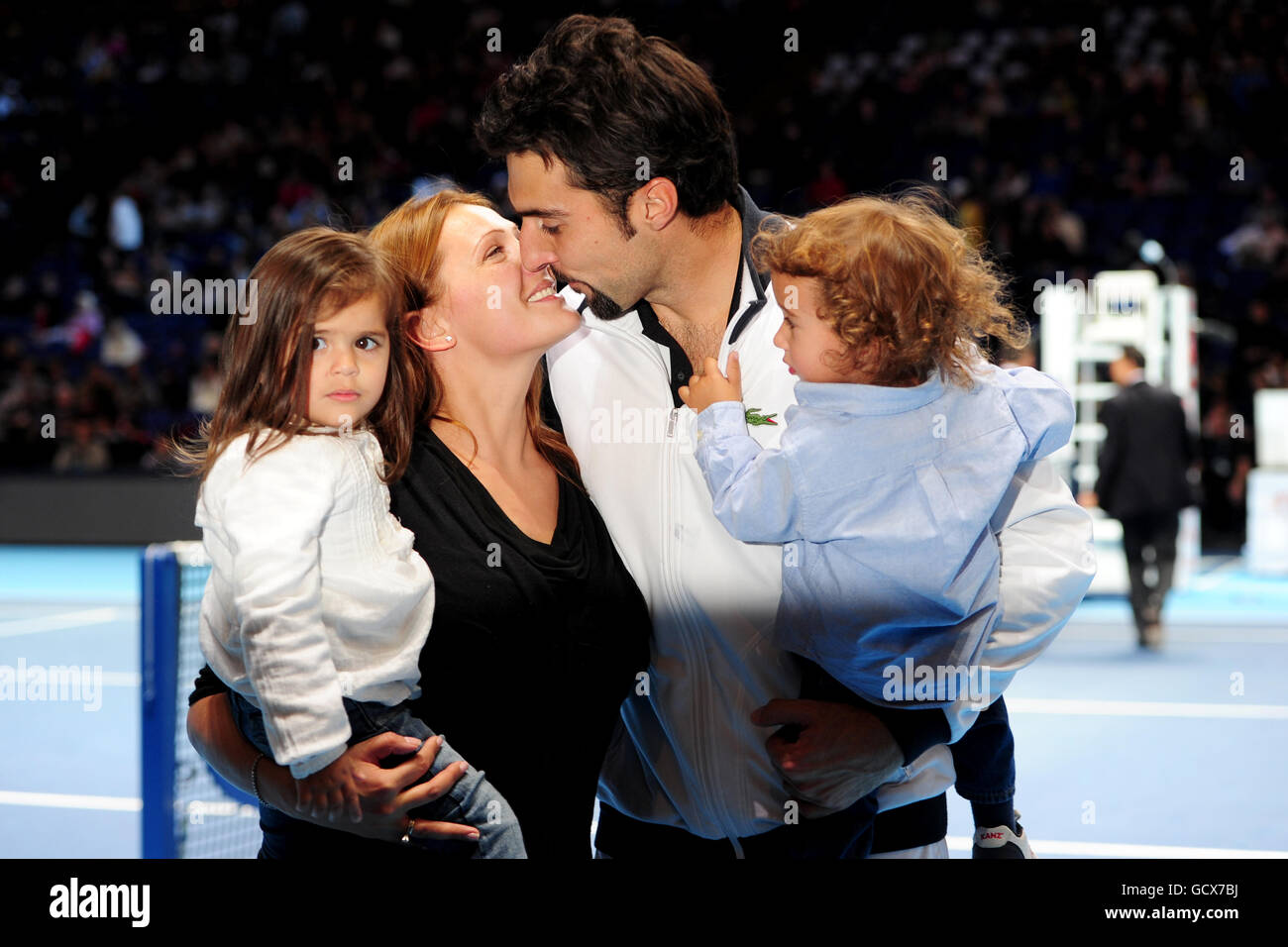 Serbia's Nenad Zimonjic with his family after winning the men's doubles final Stock Photo