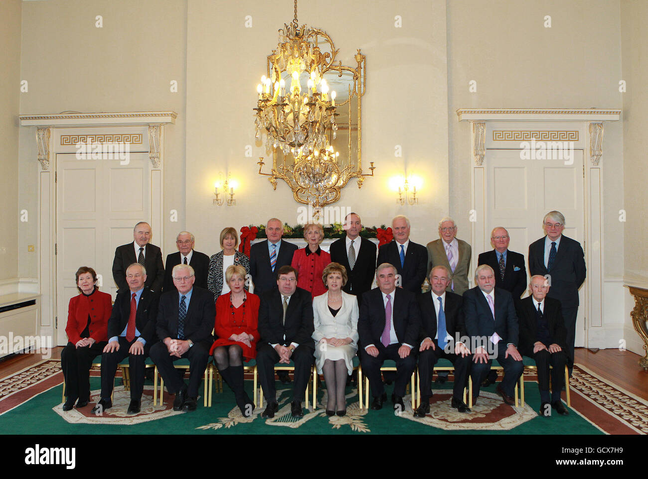 Members of the Council of State meet at Aras an Uachtarain to discuss the Credit Institutions (Stablisation) Bill 2010. (Back row from left) Albert Reynolds, Hon Mr Justice Thomas Finlay, Mary Davis, Bertie Ahern, Anastacia Crickley, Prof.Denis Moloney, John Bruton, Garret Fitzgerald, Col.Harvey Bicker, (Front row from left) Mary Robinson, Senator Pat Moylan, Ceann Comhairle Seamus Kirk, Tanaiste Mary Coughlan, Taoiseach Brian Cowen, President Mary McAleese, Chief Justice John Murray, Justice Nicholas Kearns, Attorney General Paul Gallagher and Liam Cosgrave. Stock Photo