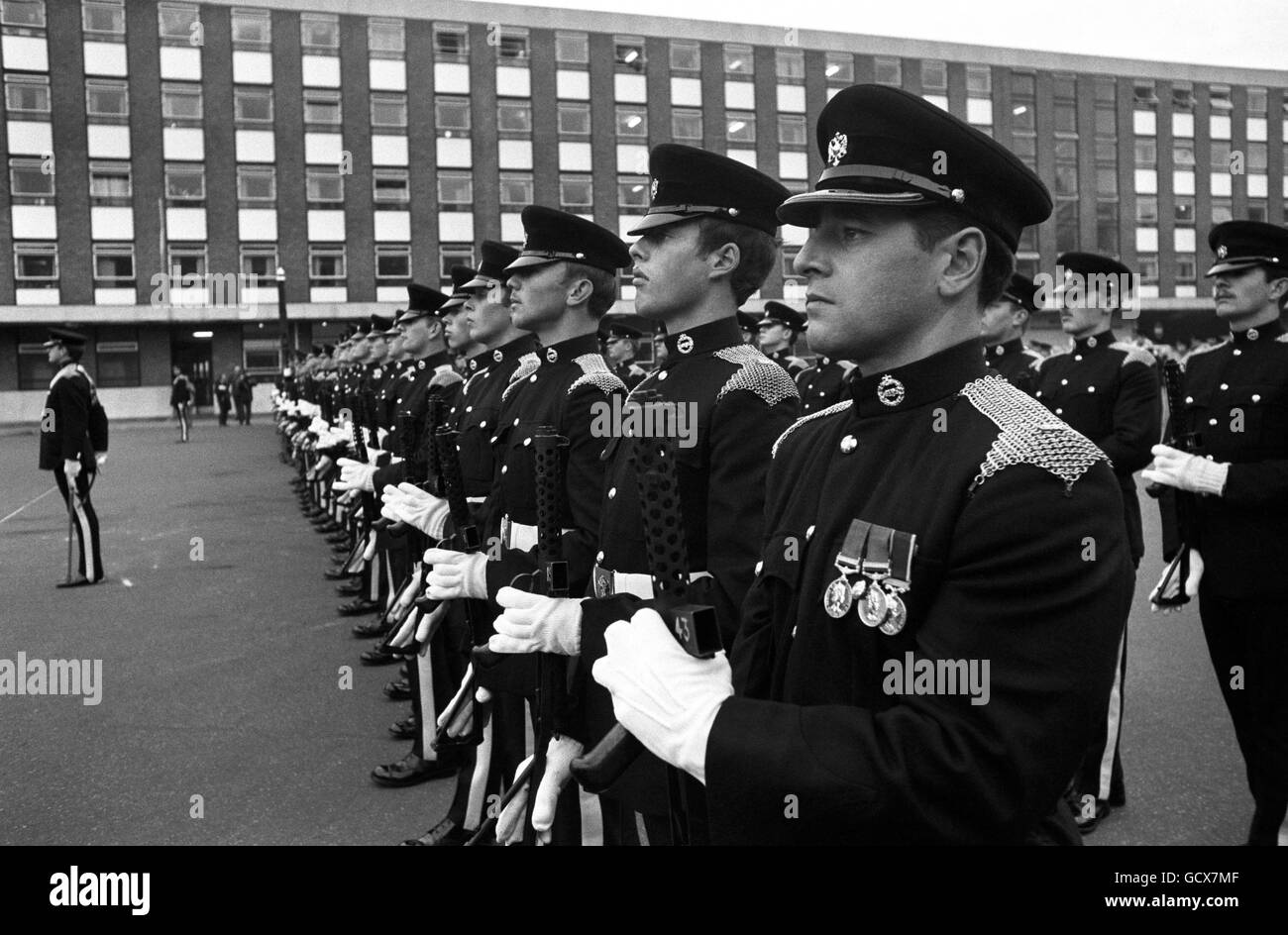 The guard of honour from the 1st, The Queen's Dragoon Guards - Captain Mark Phillips regiment - rehearsing at Chelsea Barracks. Stock Photo