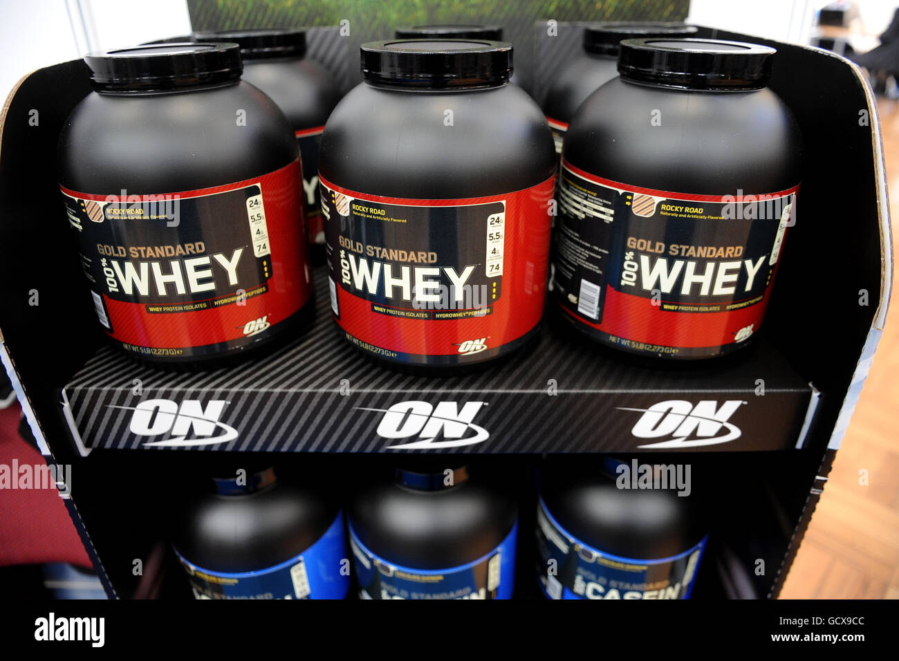 Whey Protein shakes on display on Day two of the Rugby Expo at the RHS Lawrence Hall, Westminster Stock Photo