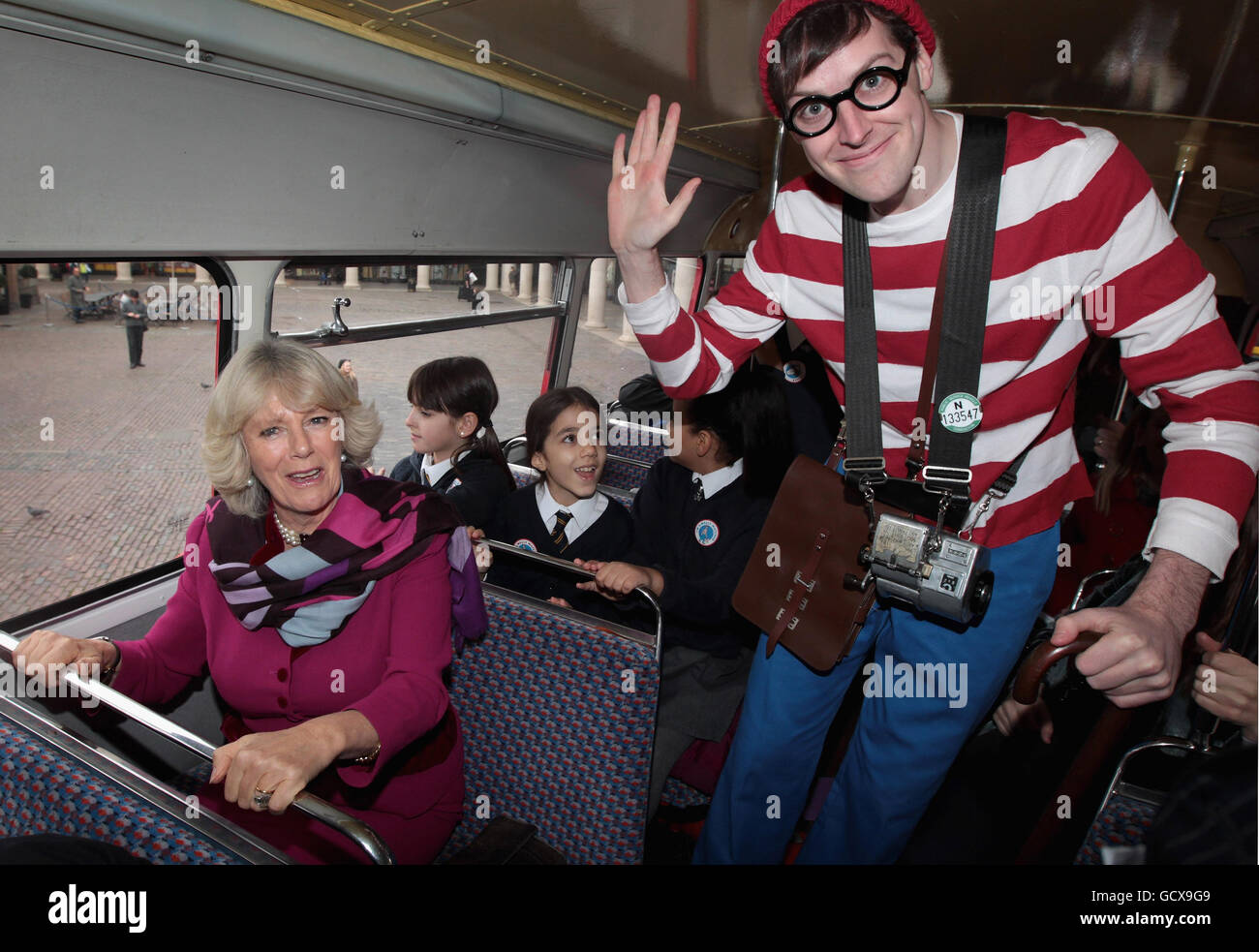 The Duchess of Cornwall travels to the London Transport Museum via Routemaster bus, where she will attend a reception to mark the 15th anniversary of the National Young Reader's Programme. Stock Photo