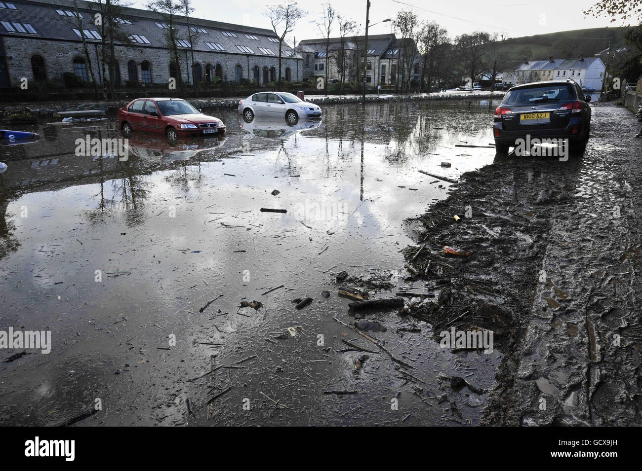 A general view of the carnage caused in Lostwithiel, Cornwall where flooding has caused havoc. Stock Photo