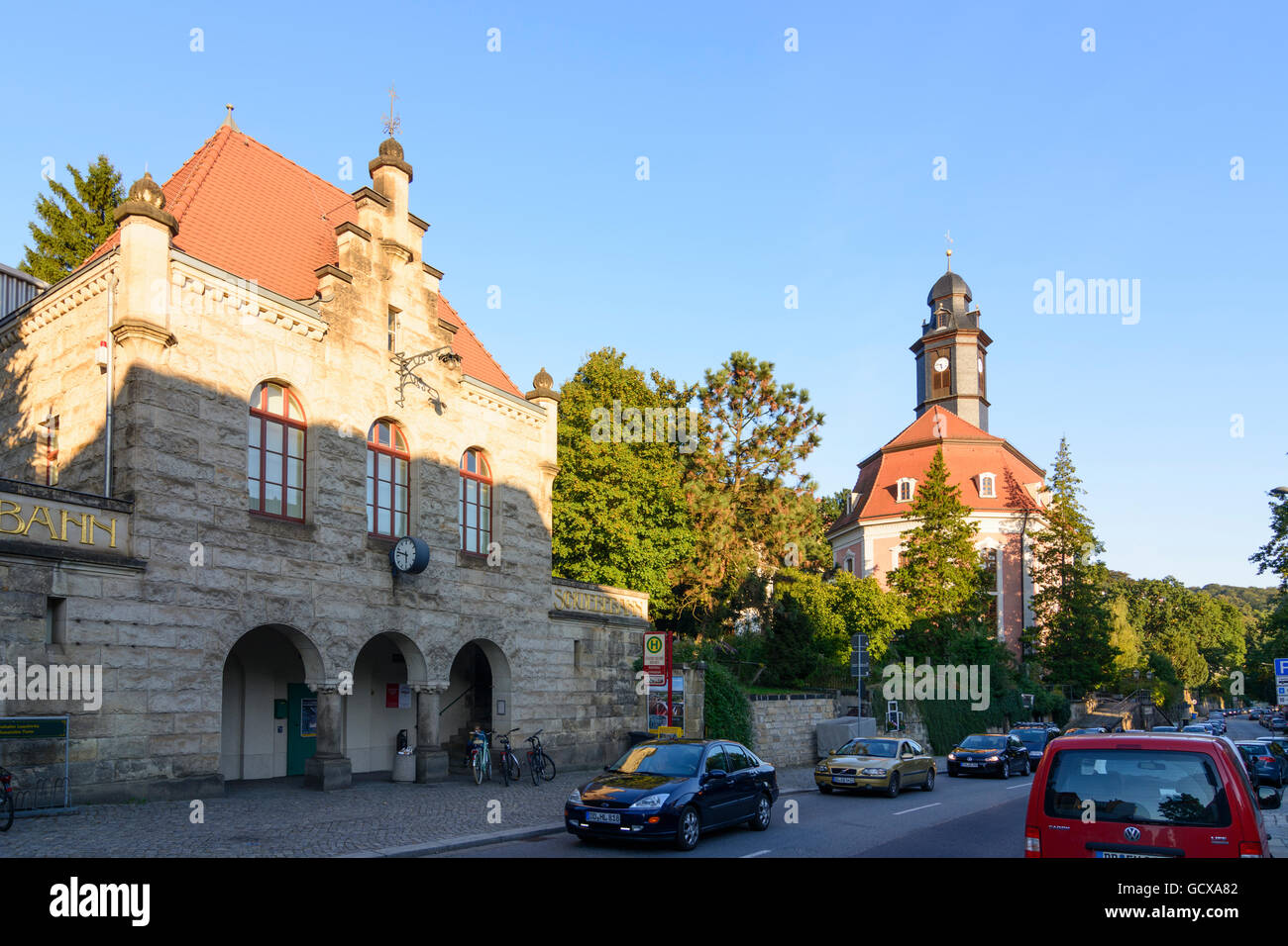Dresden Lower station of the cableway and Loschwitz Church Germany Sachsen, Saxony Stock Photo