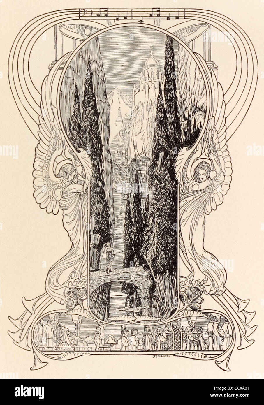“Monsalvat, the Castle of the Grail.” Franz Stassen (1869-1949) illustration for “Parsifal” by Richard Wagner (1813-1883). Klingsor's magic palace in the south of Spain, the musical notation at the top is from Act 1 with angels on both sides ringing bells. See description for more information. Stock Photo