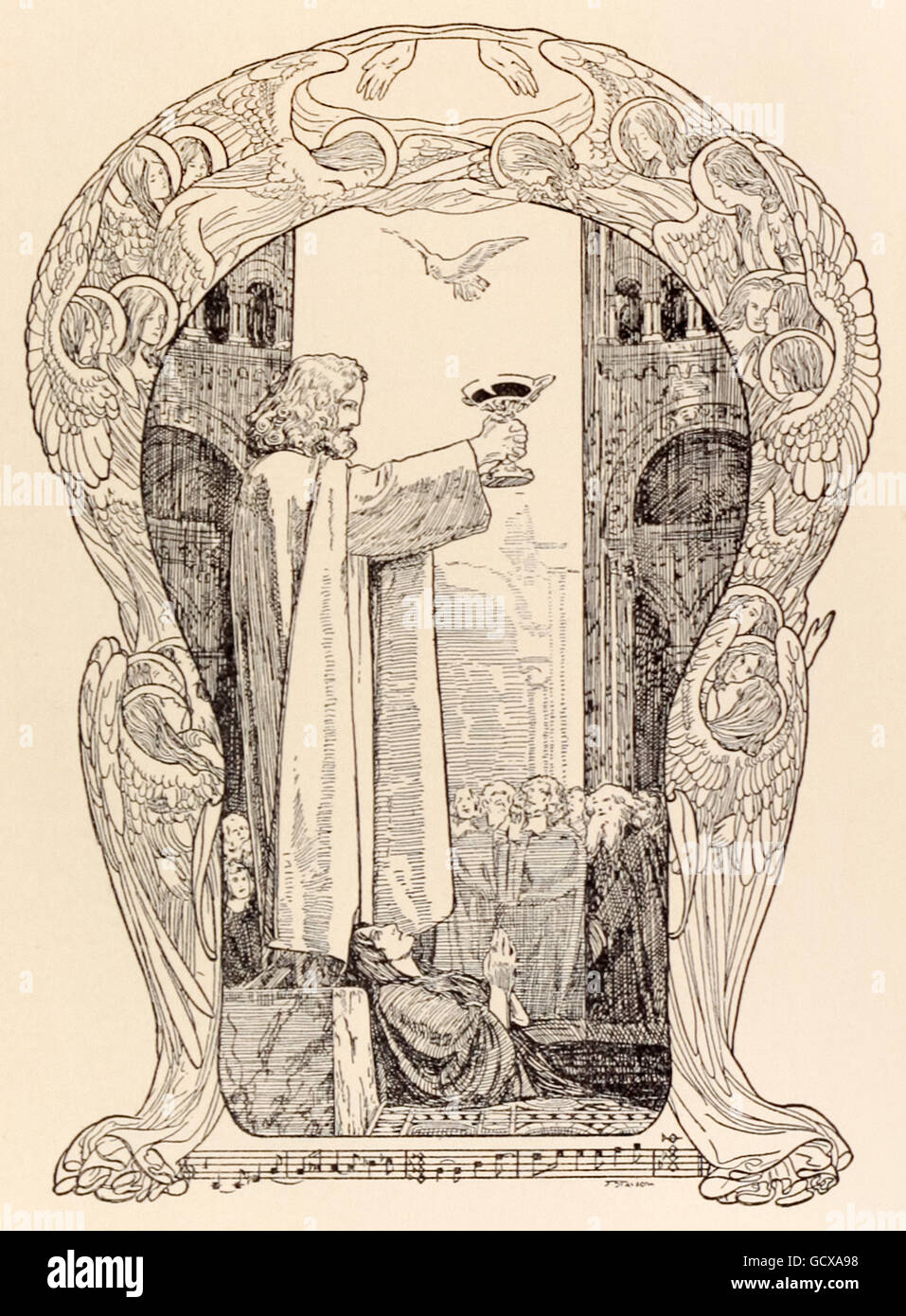 “Parsifal revealing the Holy Grail.” Franz Stassen (1869-1949) illustration for “Parsifal” by Richard Wagner (1813-1883). Act 3 - Parsifal commands the unveiling of the Grail as all kneel, Kundry dies as a white dove descends and hovers above Parsifal. See description for more information. Stock Photo