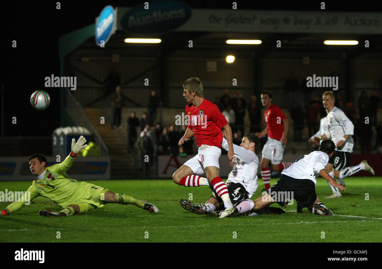 Wales Ryan Doble is denied by Austria's goal keeper Heinz Lindner during the U21 International Friendly at Newport Stadium, Newport. Stock Photo