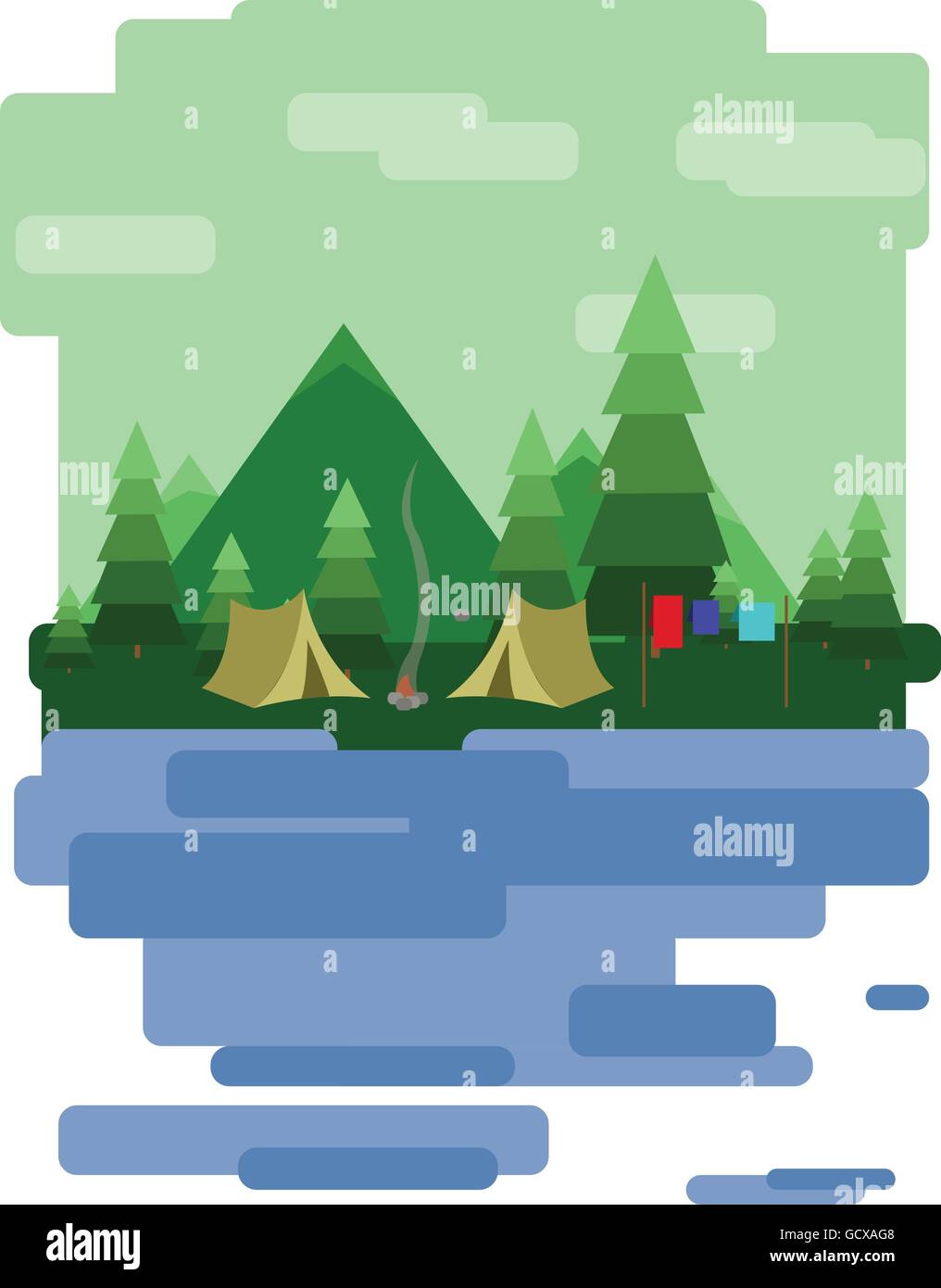 Abstract landscape design with green trees and clouds, tents in the ...