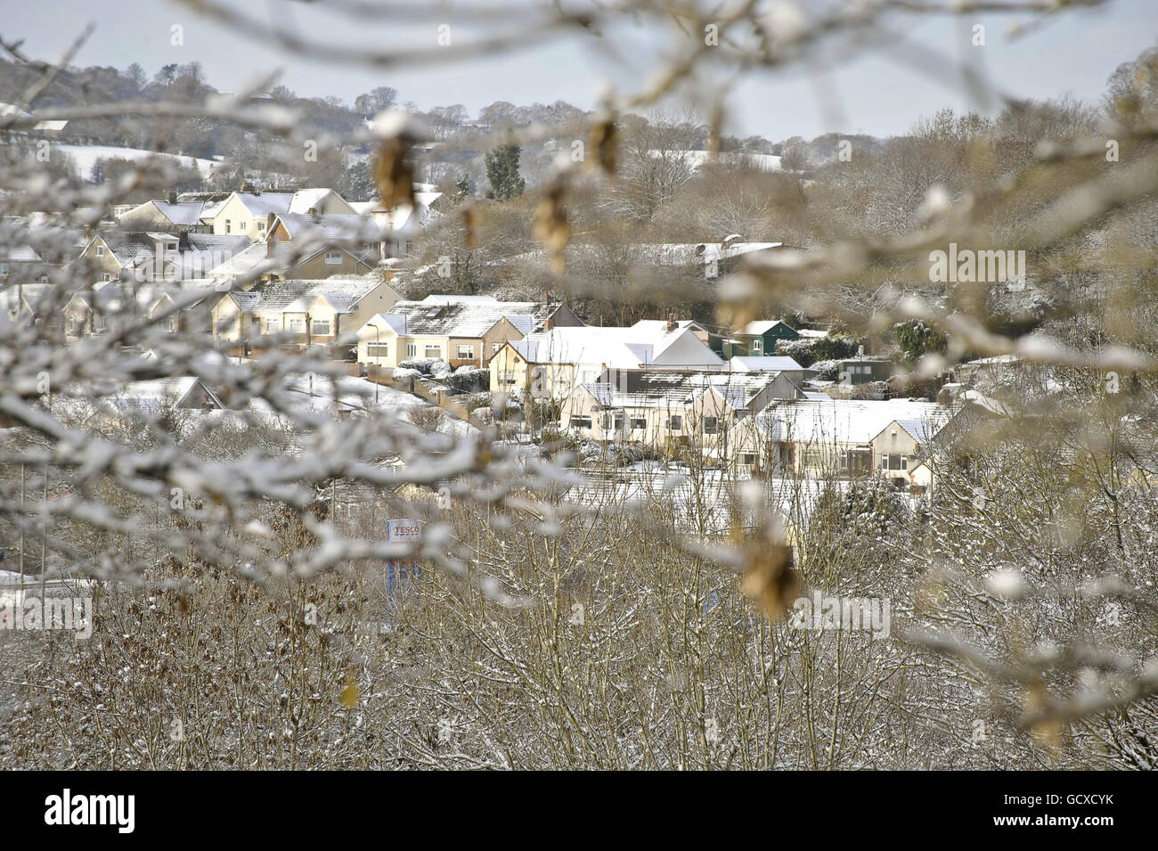 Houses are covered in snow in Maesycwmmer, South Wales today. Stock Photo