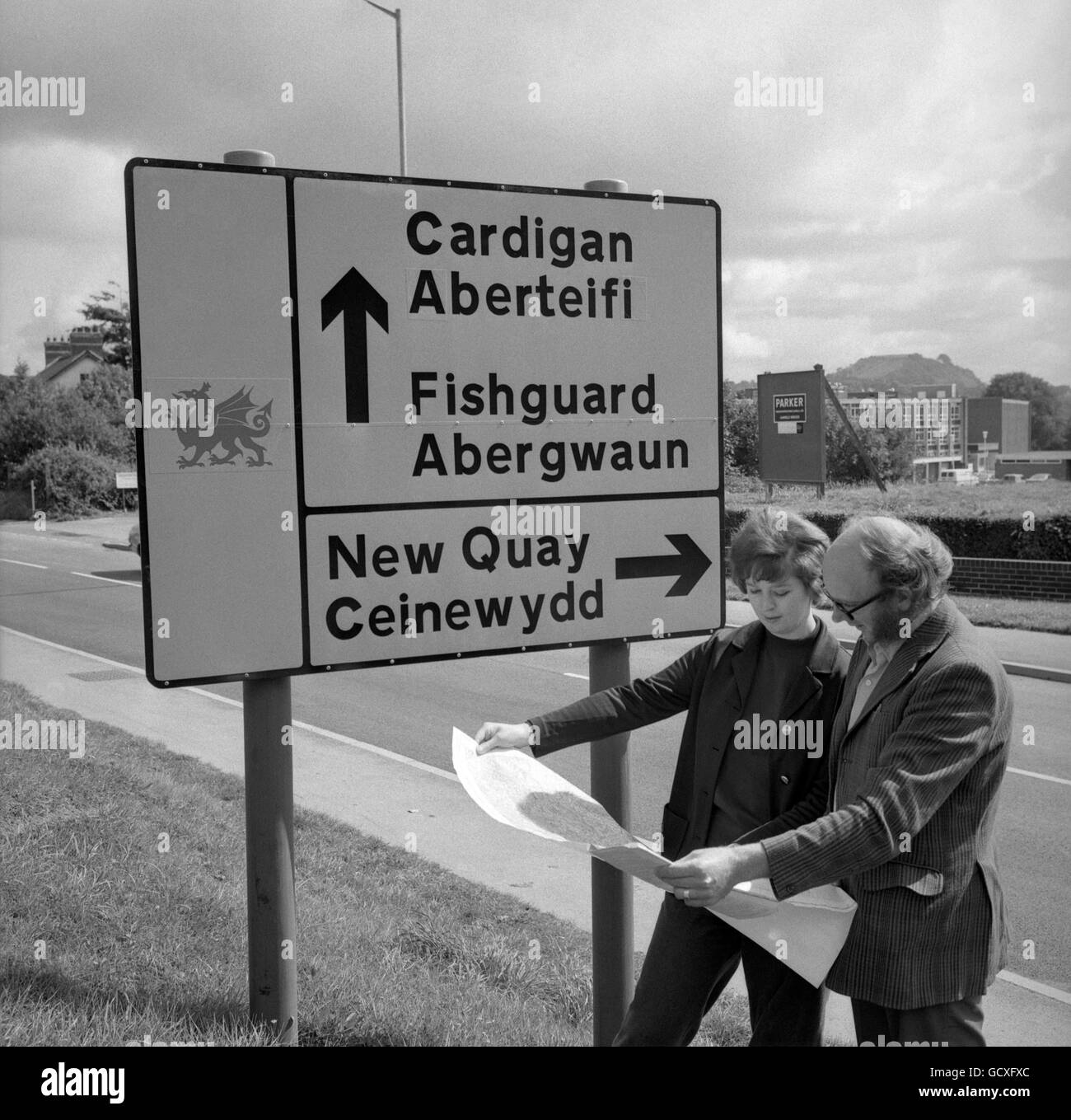 English-Welsh Road Sign - Carmarthen, Wales Stock Photo