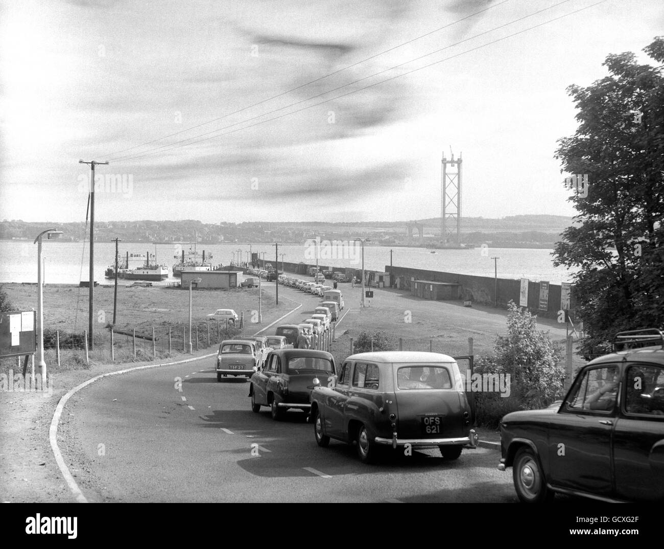 Firth of Forth in Scotland showing the Forth Road Bridge being built. Stock Photo