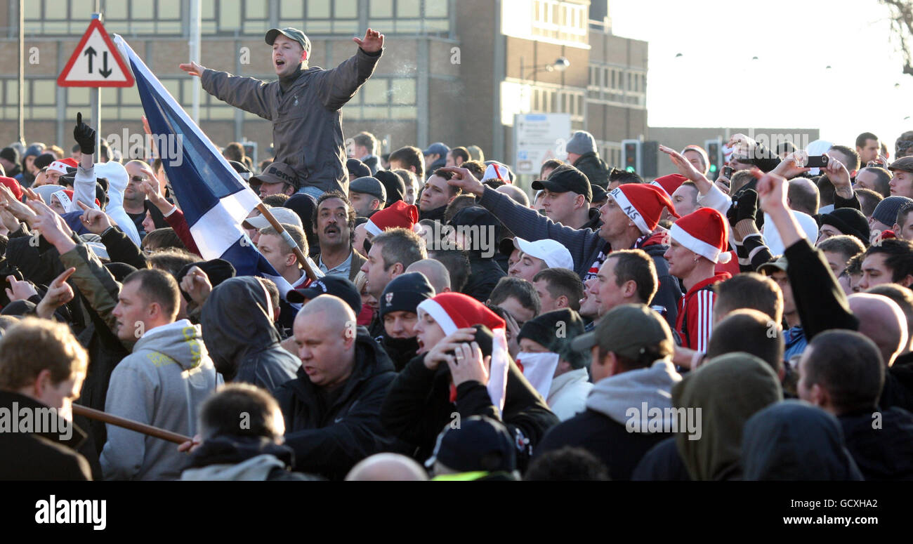 Members of the English Defence League demonstrate during a march through the centre of Peterborough, Cambridgeshire. Stock Photo