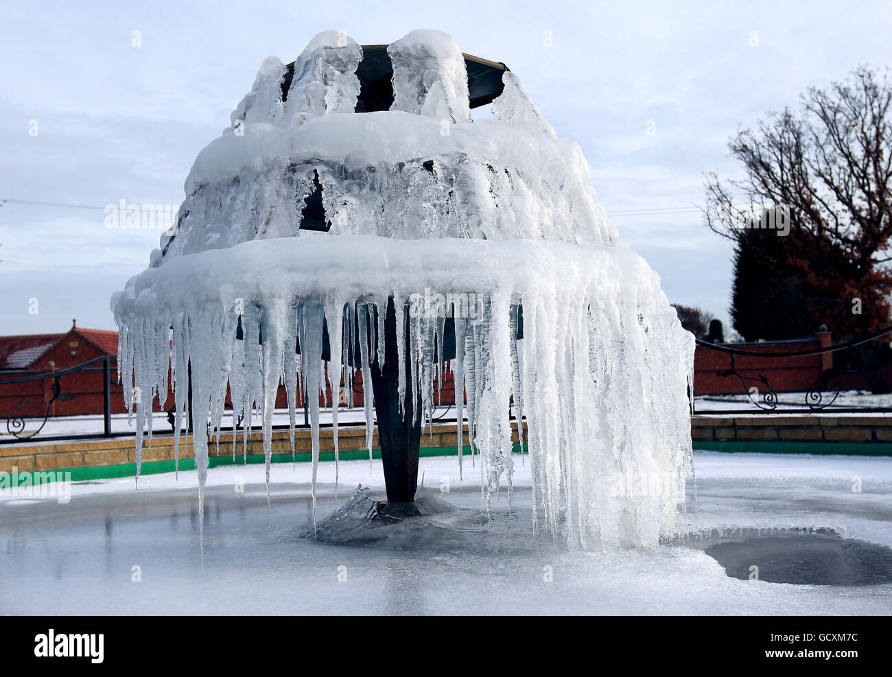 A water fountain is frozen solid in Calverton, Nottinghamshire, after