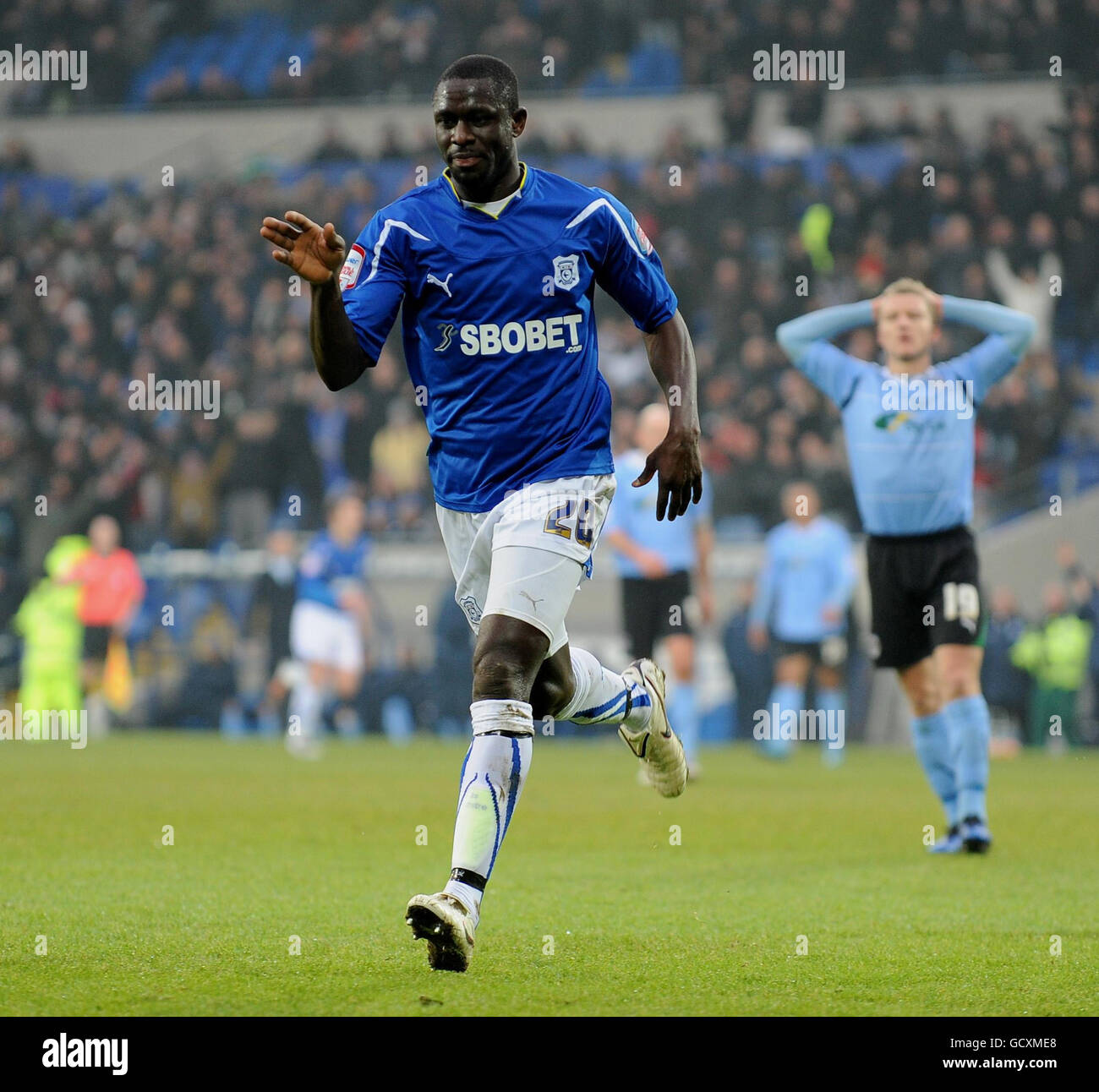 Cardiff City's Seyi Olofinjana celebrates his goal against Coventry