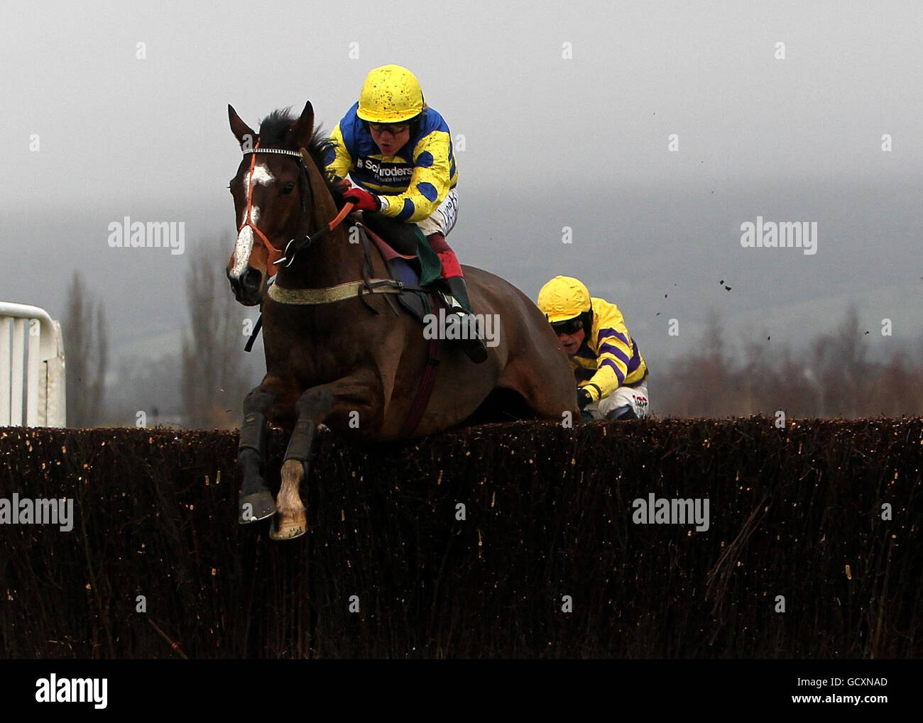 Blazing Bailey, ridden by Robert Thornton, jumps the last on their way to victory in the Raceodds Handicap Chase during the New Year's Day at Cheltenham Racecourse, Gloucestershire. Stock Photo