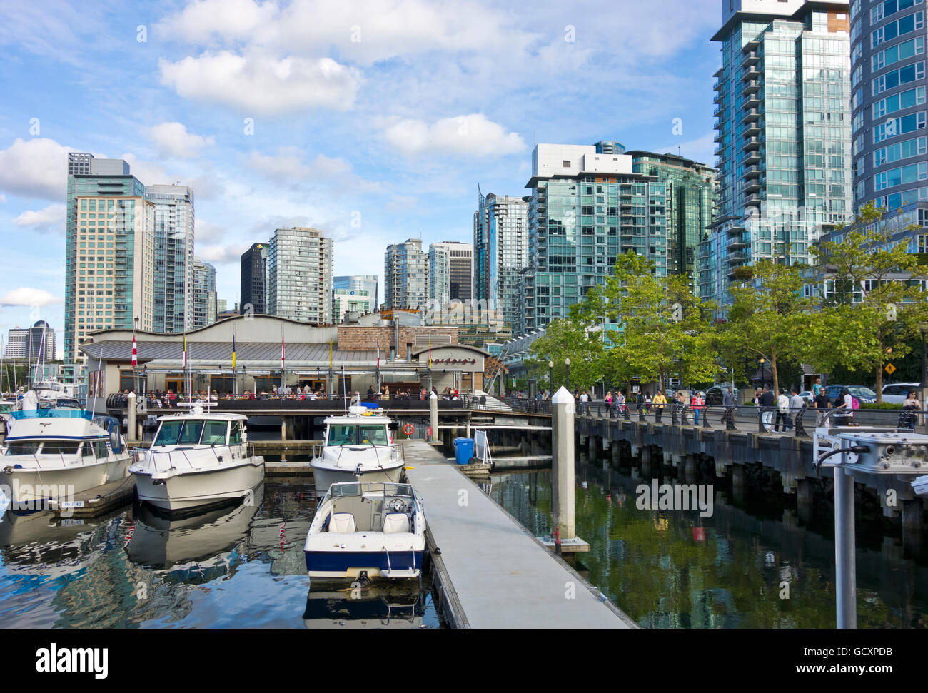 Apartment buildings, marina, and Carderos restaurant in Coal Harbour, Vancouver, a waterfront