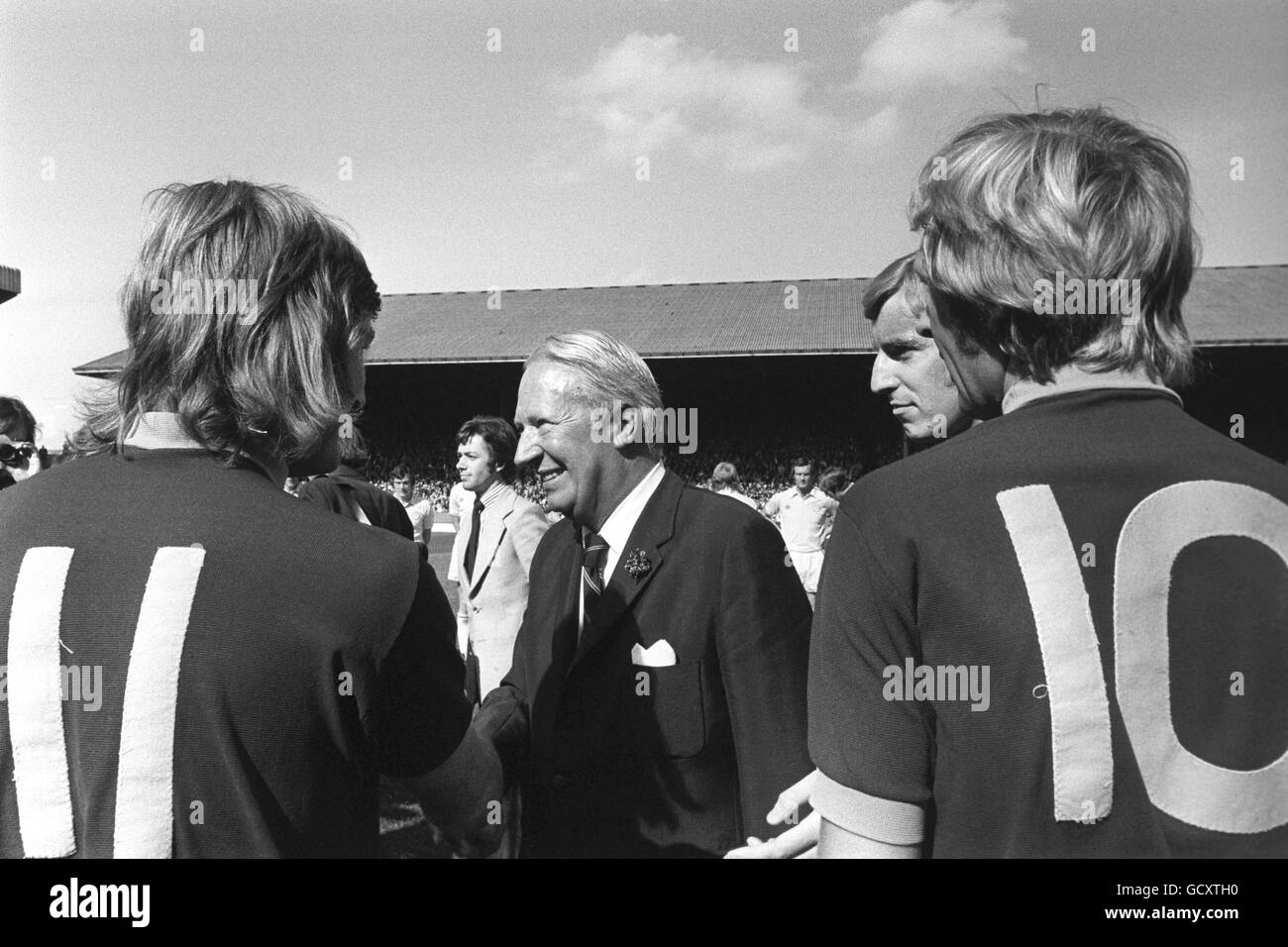 Opposition leader Edward Heath meeting players at Turf Moor, Burnley, where he opened a new stand and saw Burnley beat Leeds United 2-1. Stock Photo