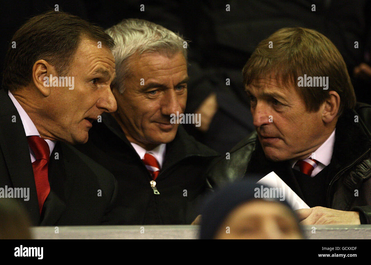 (Left to right) Former Liverpool footballers Phil Thompson and Ian Rush with Liverpool's academy manager Kenny Dalglish in the stands during the UEFA Europa League, Group K match at Anfield, Liverpool. Stock Photo