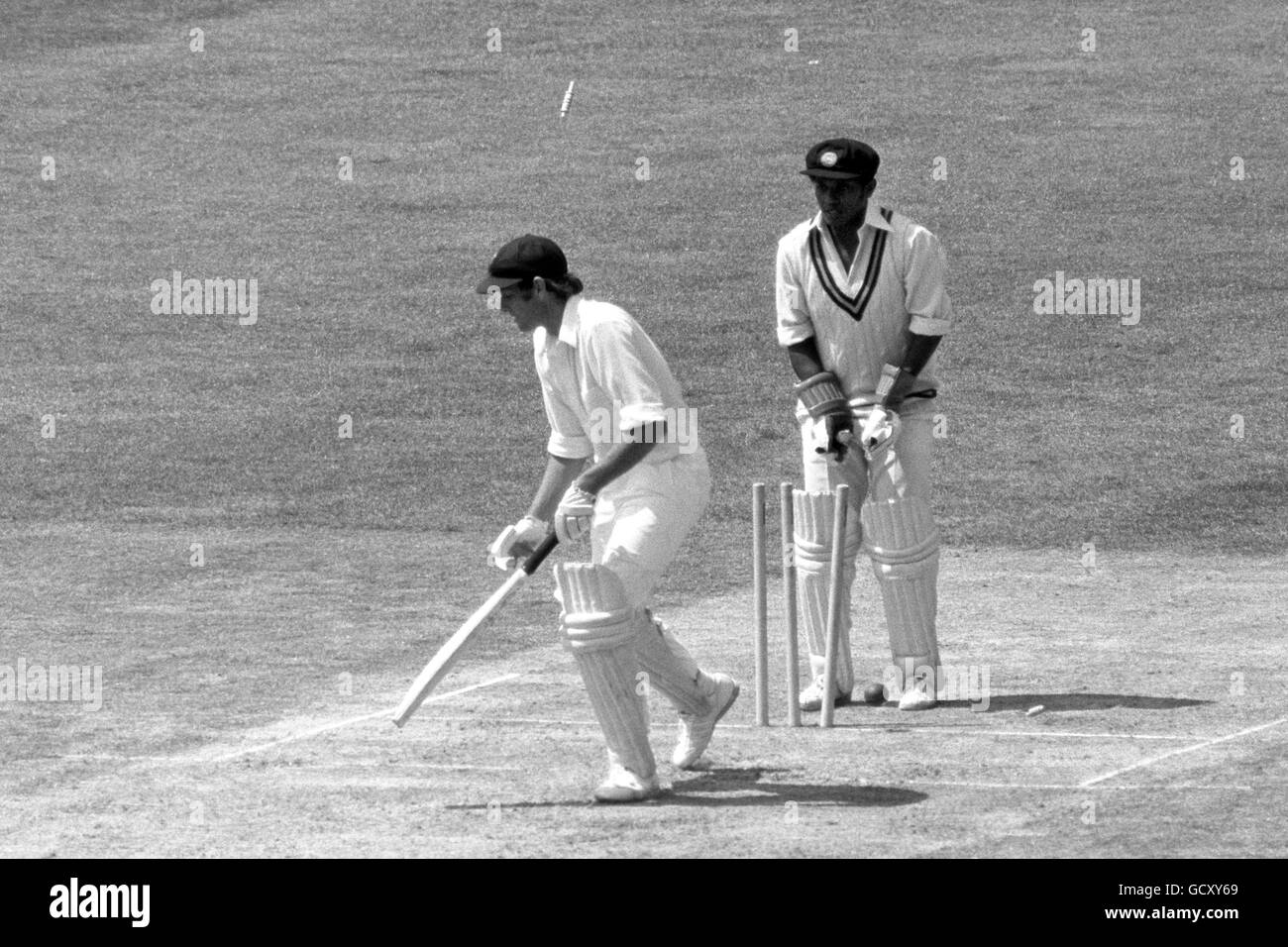 Rick McCosker (Australia) bowled by Somachandra de Silva (Sri Lanka) for 73 runs. The wicketkeeper is Ranjit Fernando. Stock Photo