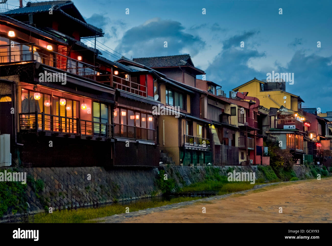 View of Kamogawa river and Pontocho district, Kyoto, Japan, Asia Stock Photo