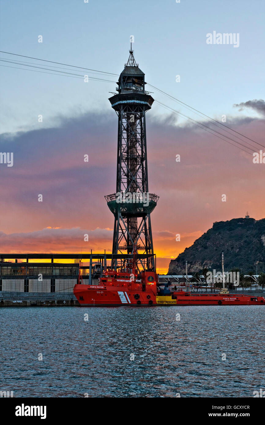 Cable car tower passing over Port Vell from Barcelona to Montjuic, Spain, Europe Stock Photo