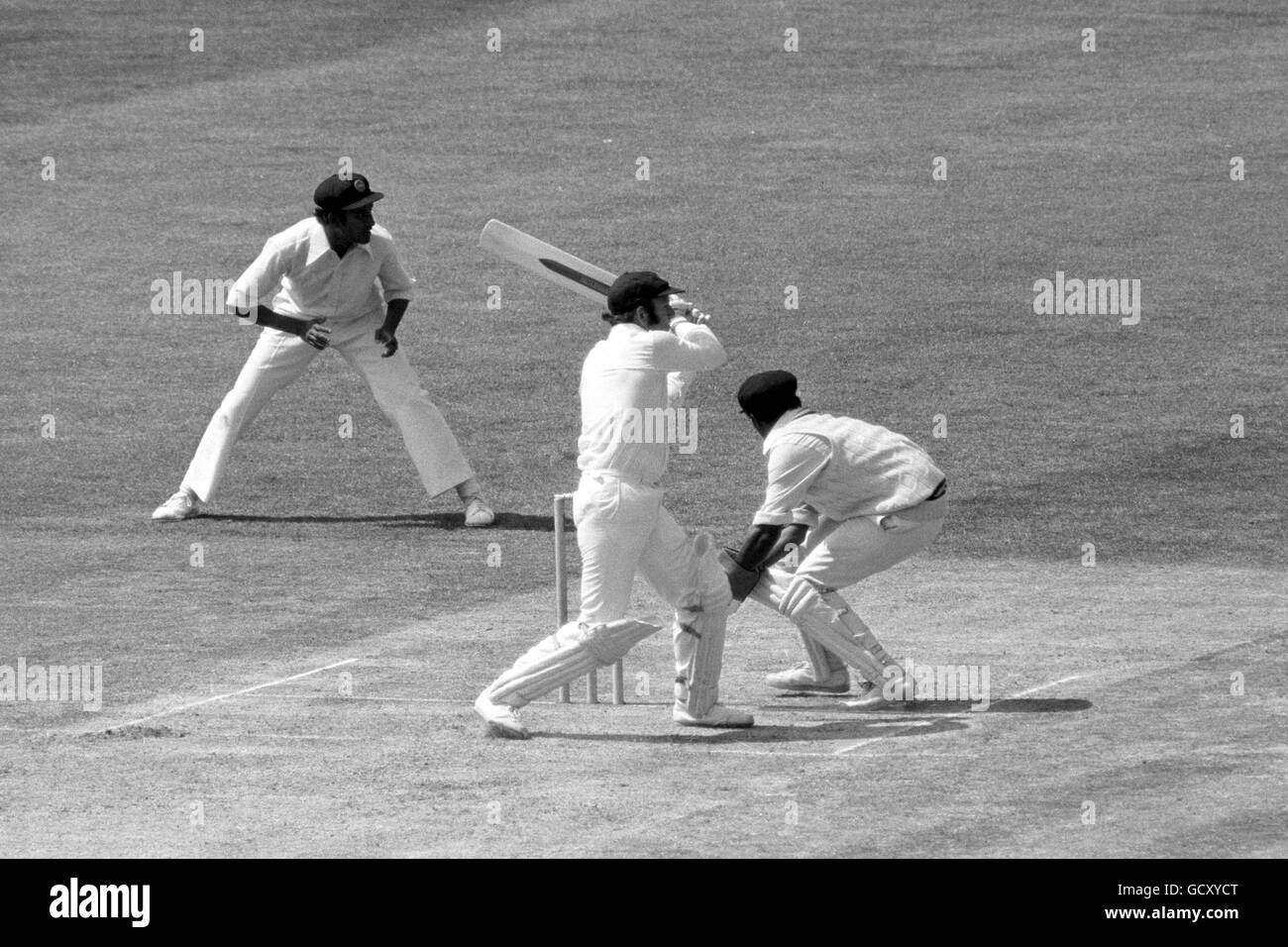 Cricket - Prudential World Cup 1975 - Group B - Australia v Sri Lanka - The Oval. Doug Walters (Australia) sweeps Somachandra de Silva (Sri Lanka) to the boundary for four. Stock Photo