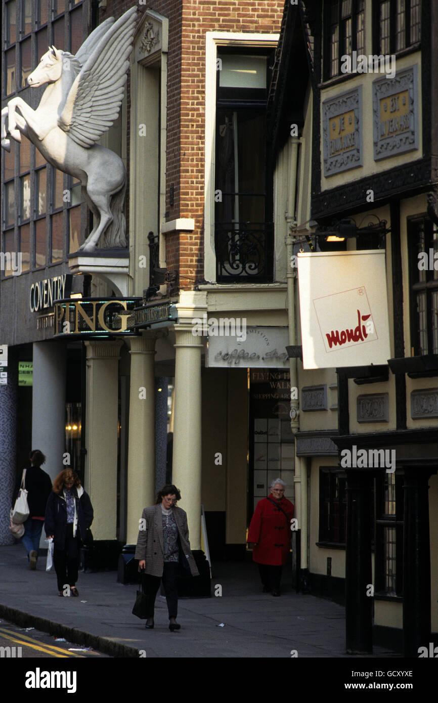 Entrance of the Flying Horse Walk, Nottingham, the elegant shopping arcade tucked away just off the city's Old Market Square on The Poultry. Stock Photo