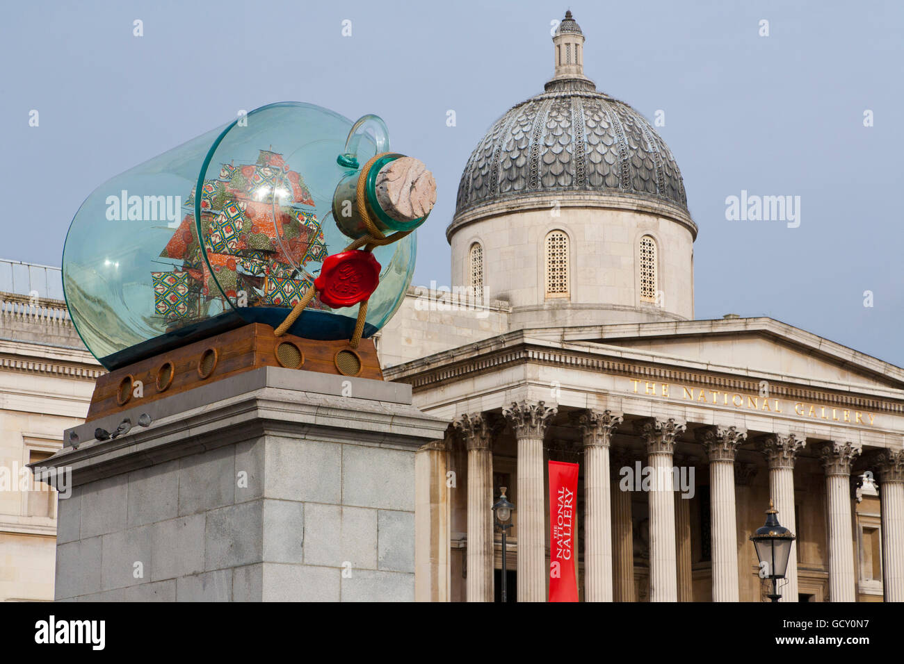 Work of art by Yinka Shonibare in front of The National Gallery, Museum, Trafalgar Square, London, England, United Kingdom Stock Photo